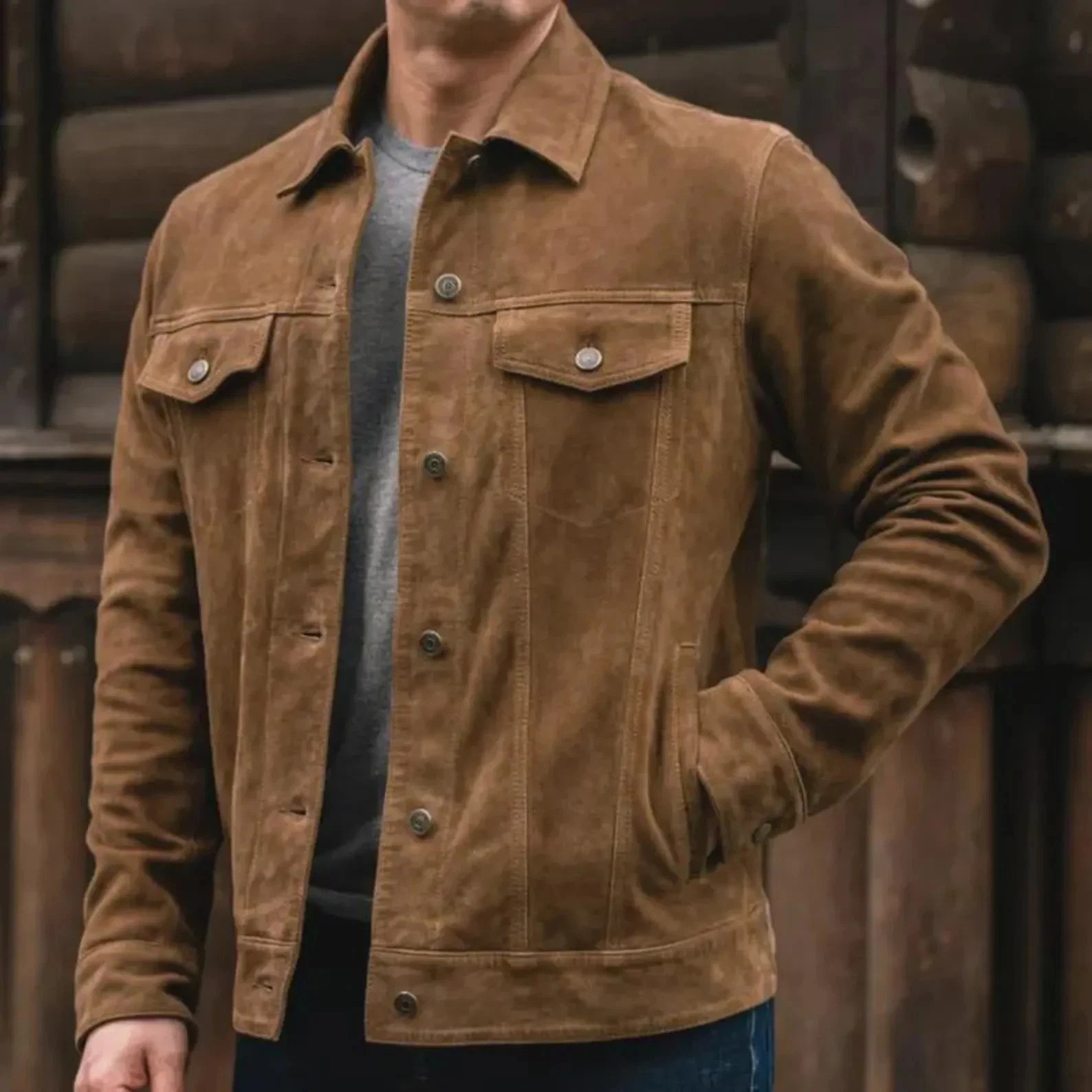 Men’s Real Suede Leather Brown Cowboy Vintage Denim Style Trucker Jacket