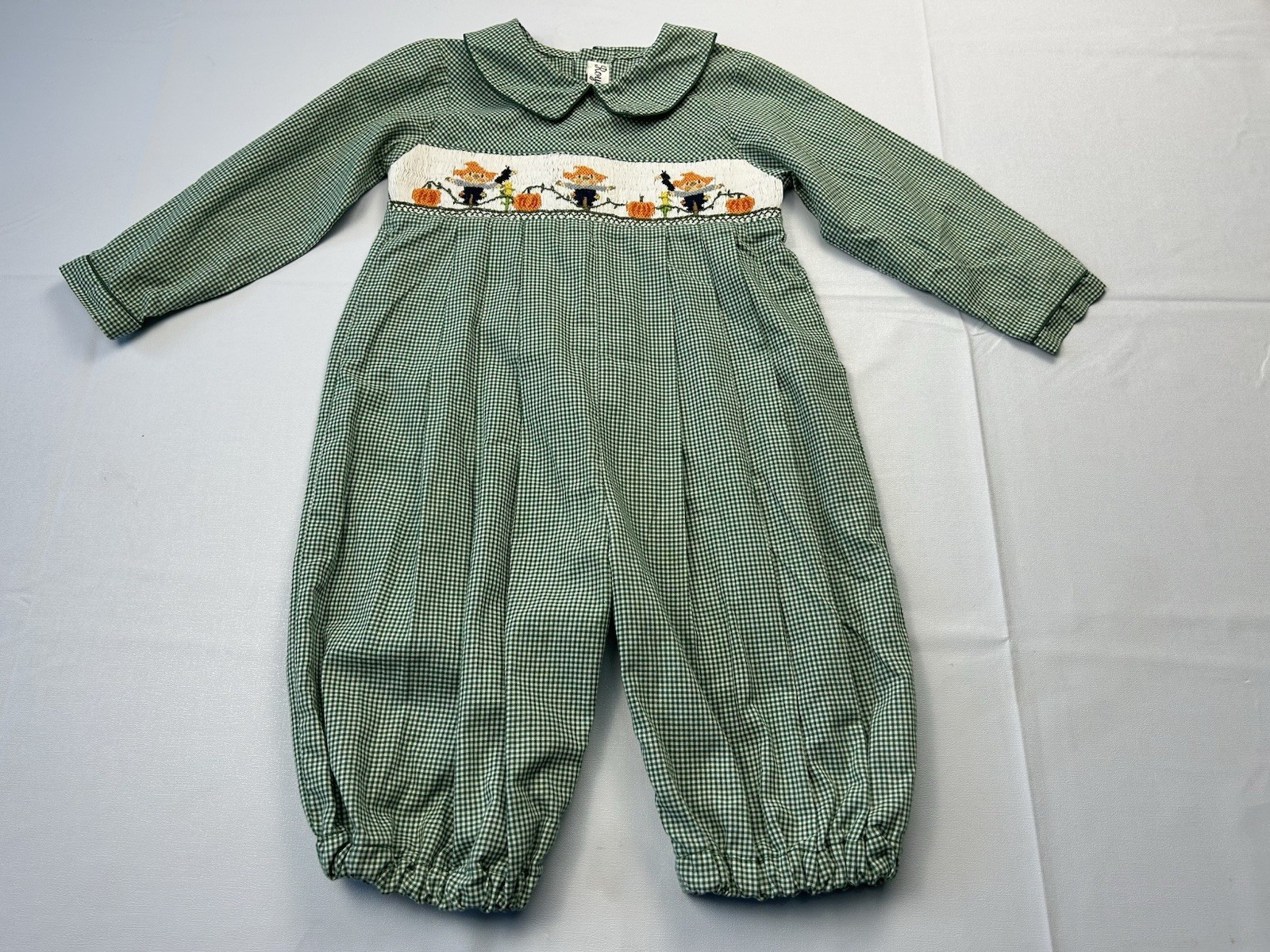 Royal Child 24M Smocked Scarecrow Pumpkin Romper Green Gingham Fall