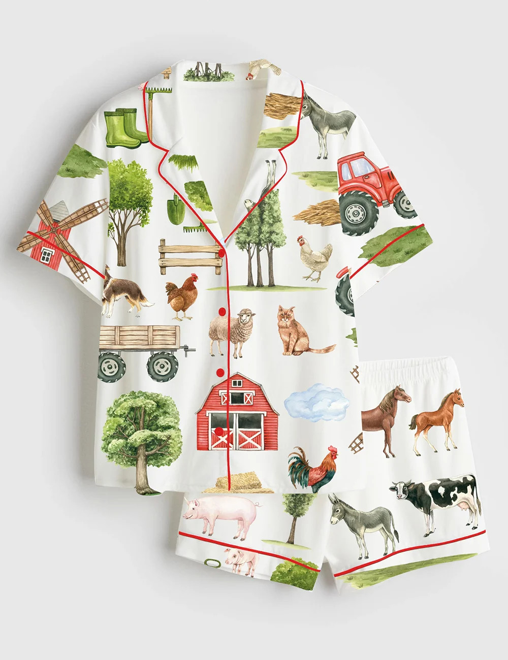 Farm Animals Mill Horse Cow Pig Chickens Donkey Pajama Set, Sleepwear for Women