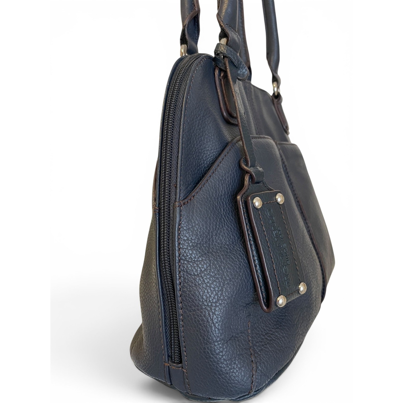 Tignanello Navy Pebbled Leather Domed Satchel Purse Built-In Wallet Mirror Tag
