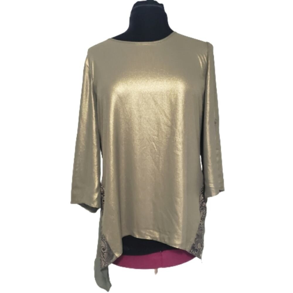 Chico’s Green Gold Metallic Lagenlook Asymmetric Hem Tunic Top Size Medium