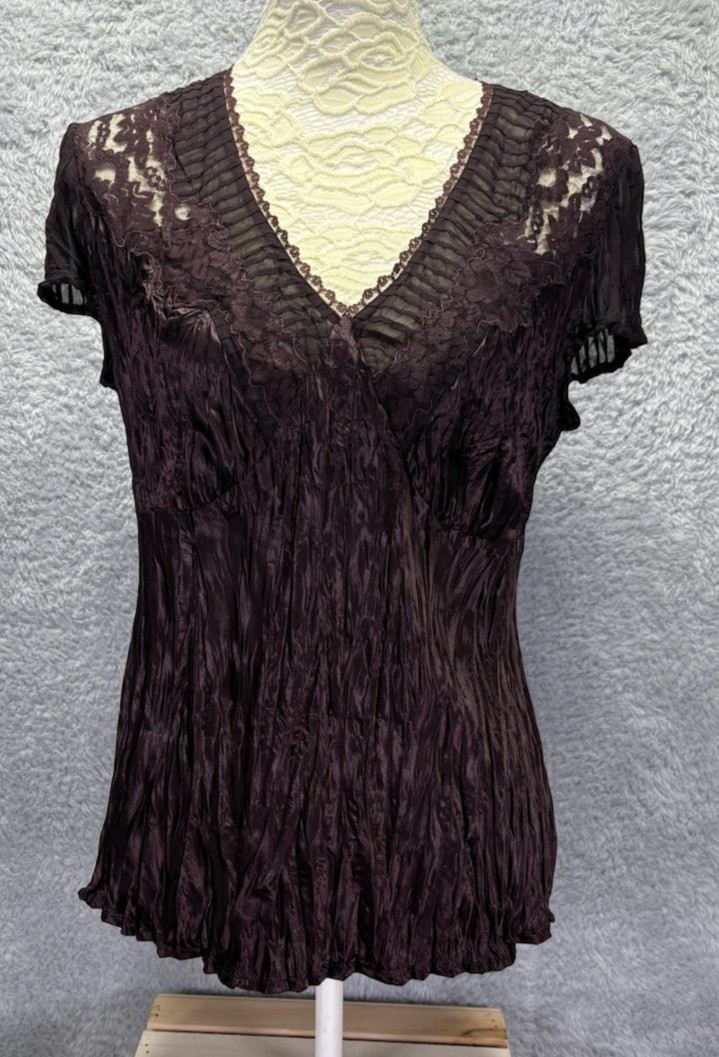 Vtg Y2K Babydoll Top Sz 10 M Burgundy Crinkle Fairy Whimsigoth V Neck 90s Boho