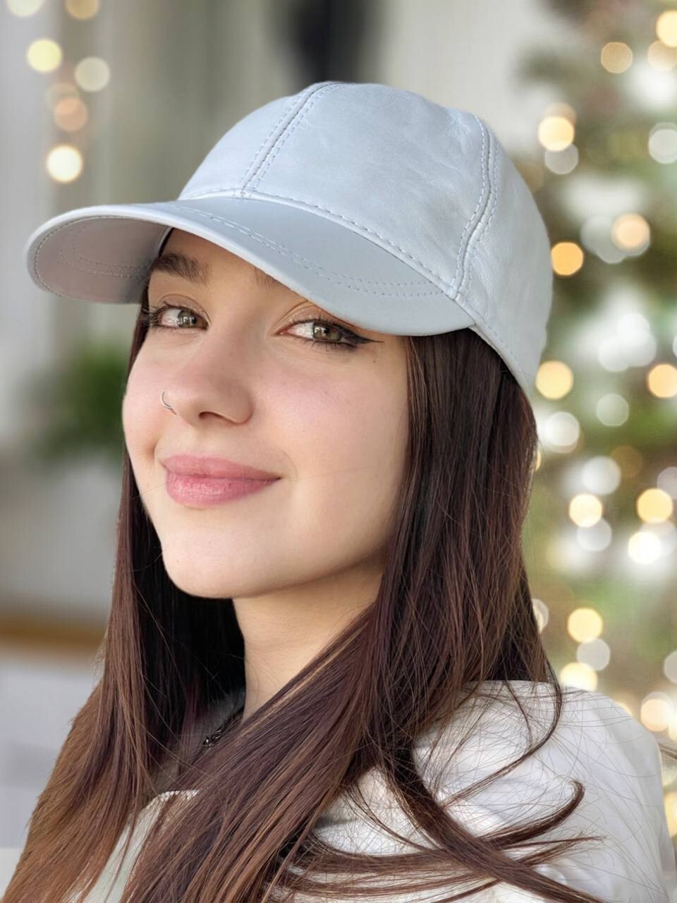 100% Genuine Real Lambskin Leather Baseball Cap Hat White Color