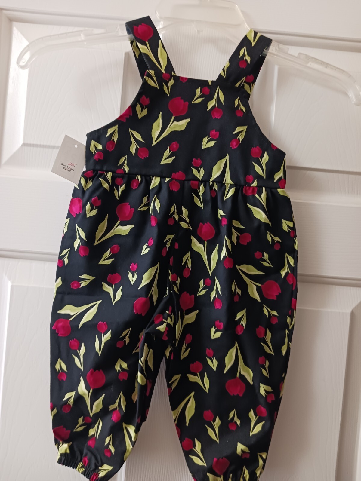 NEW! HANDMADE Boutique Infant Girl Black W/Red Tulips Overalls Size 12 Month