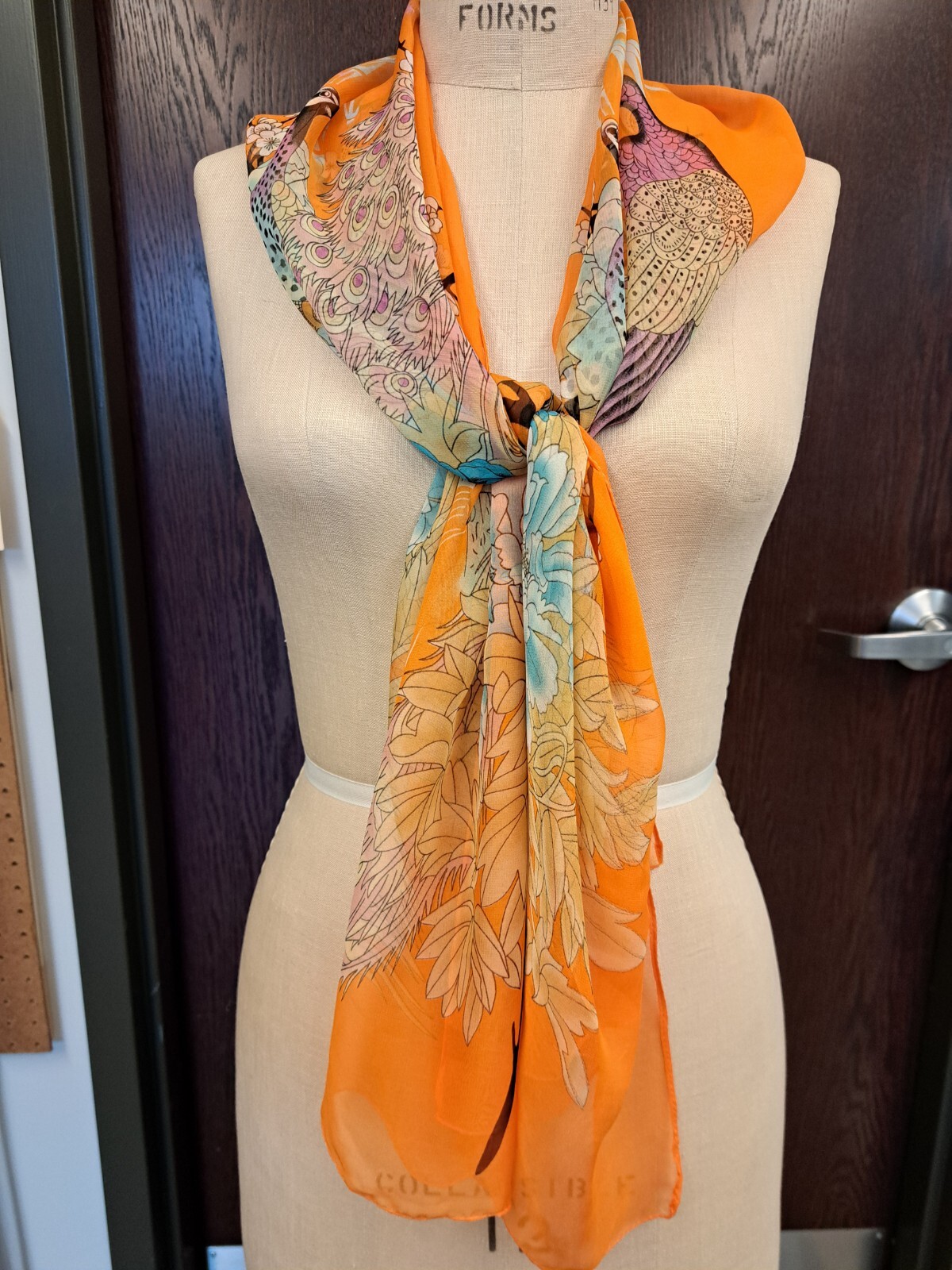 Beautiful Peacock Rectangular Chiffon Scarf, 64 X 20 Inches, Synthetic.
