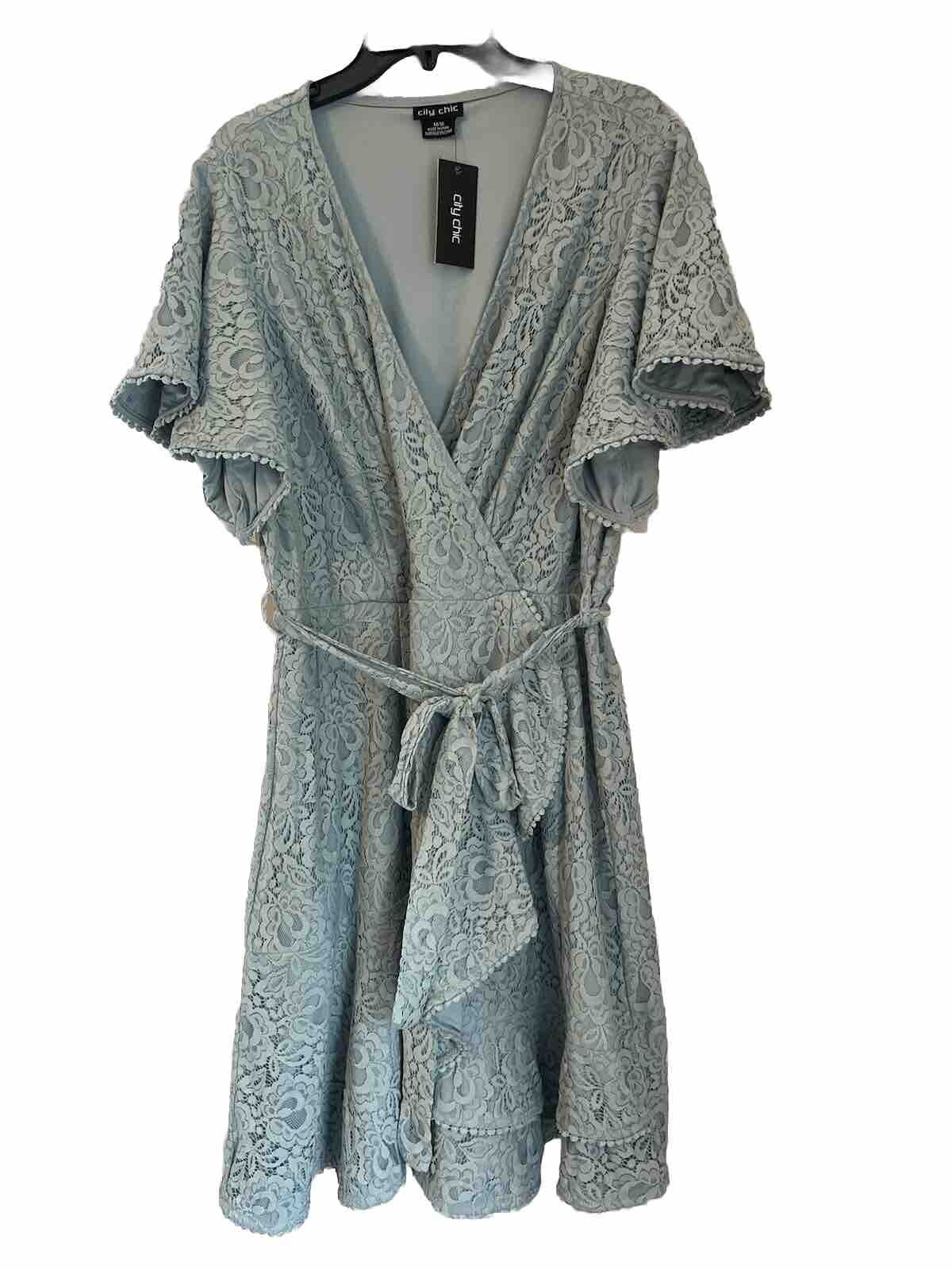 City Chic NWT Sweet Love Lace Wrap Dress Women’s Plus M/18 Sea Foam Green Short
