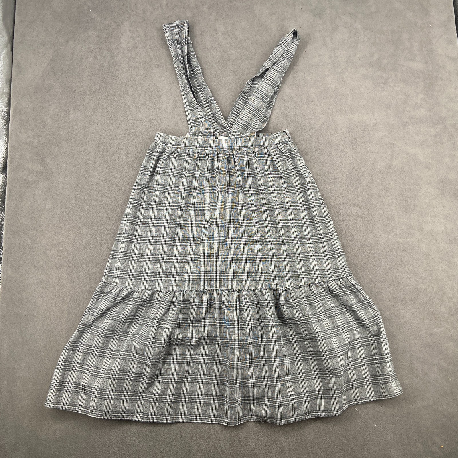 Hayden Tiered Overall Dress Women’s M Gray Plaid Sleeveless Ruffle Hem Side Zip