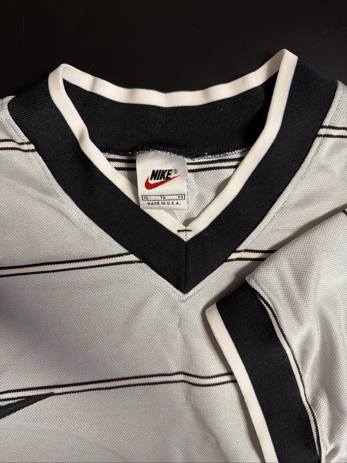 VTG 90’s Nike Jersey Shirt WhiteStriped Embroidered Logo Made In USA WhiteTag XL