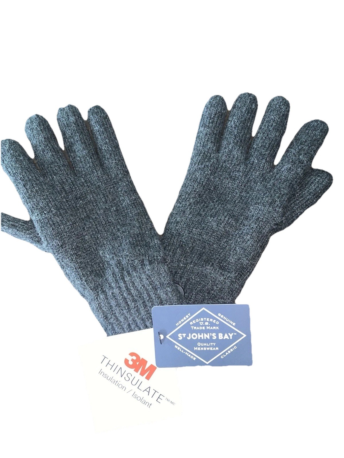 St John’s Bay Men’s Poly Wool Charcoal Gloves One Size 3M Thinsulate NWT