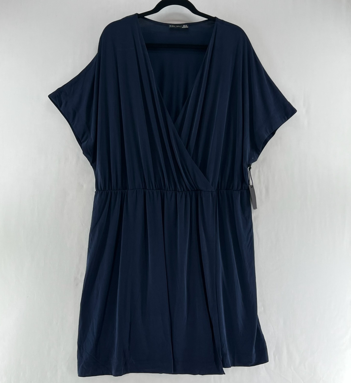 Black Tape Surplice Faux Wrap Dress Womens 2X Dolman Short Sleeve Midi Navy Blue