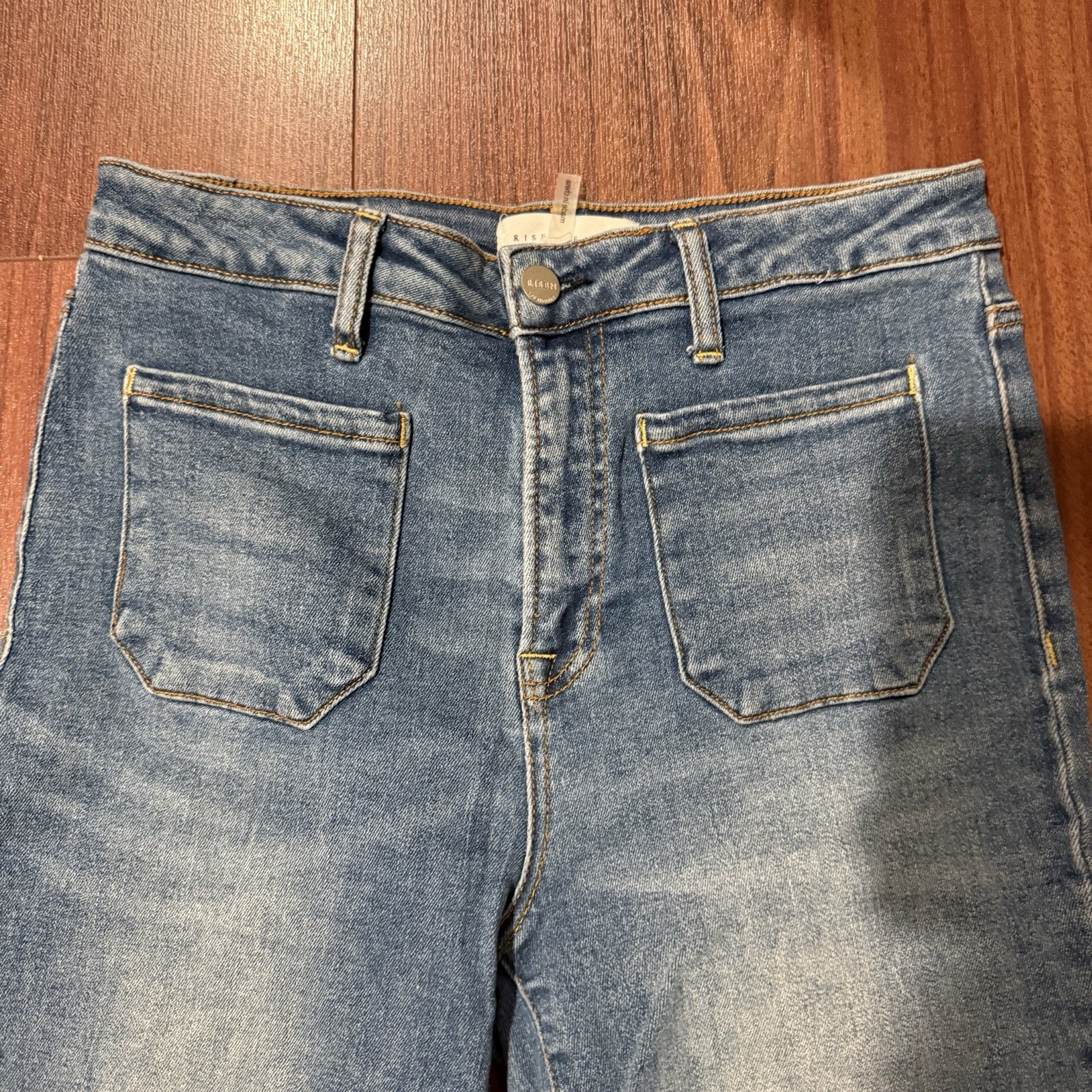 Risen Jeans High Rise Front Slit Frayed Flare Distressed Blue Denim Sz 11/30