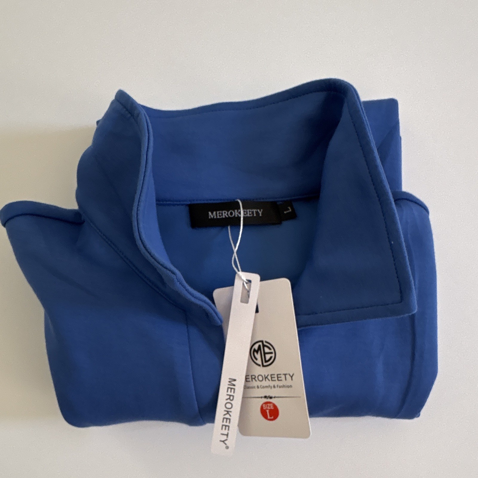MEROKEETY NWT Blue Mock Neck Pullover Sweatshirt Long Sleeve Womens L Comfy