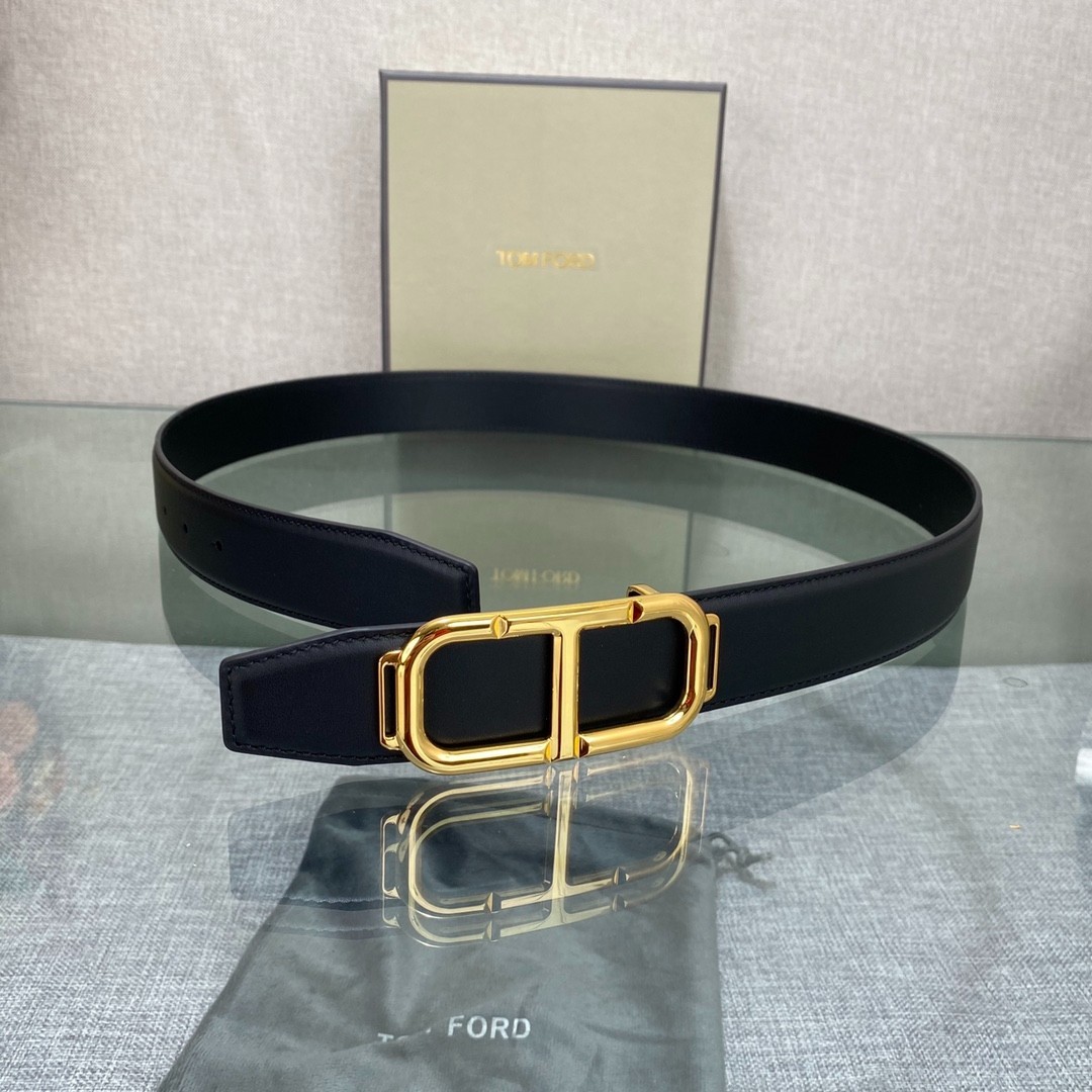 Tom Ford Mens Reversible Black Leather Stadium Buckle Belt