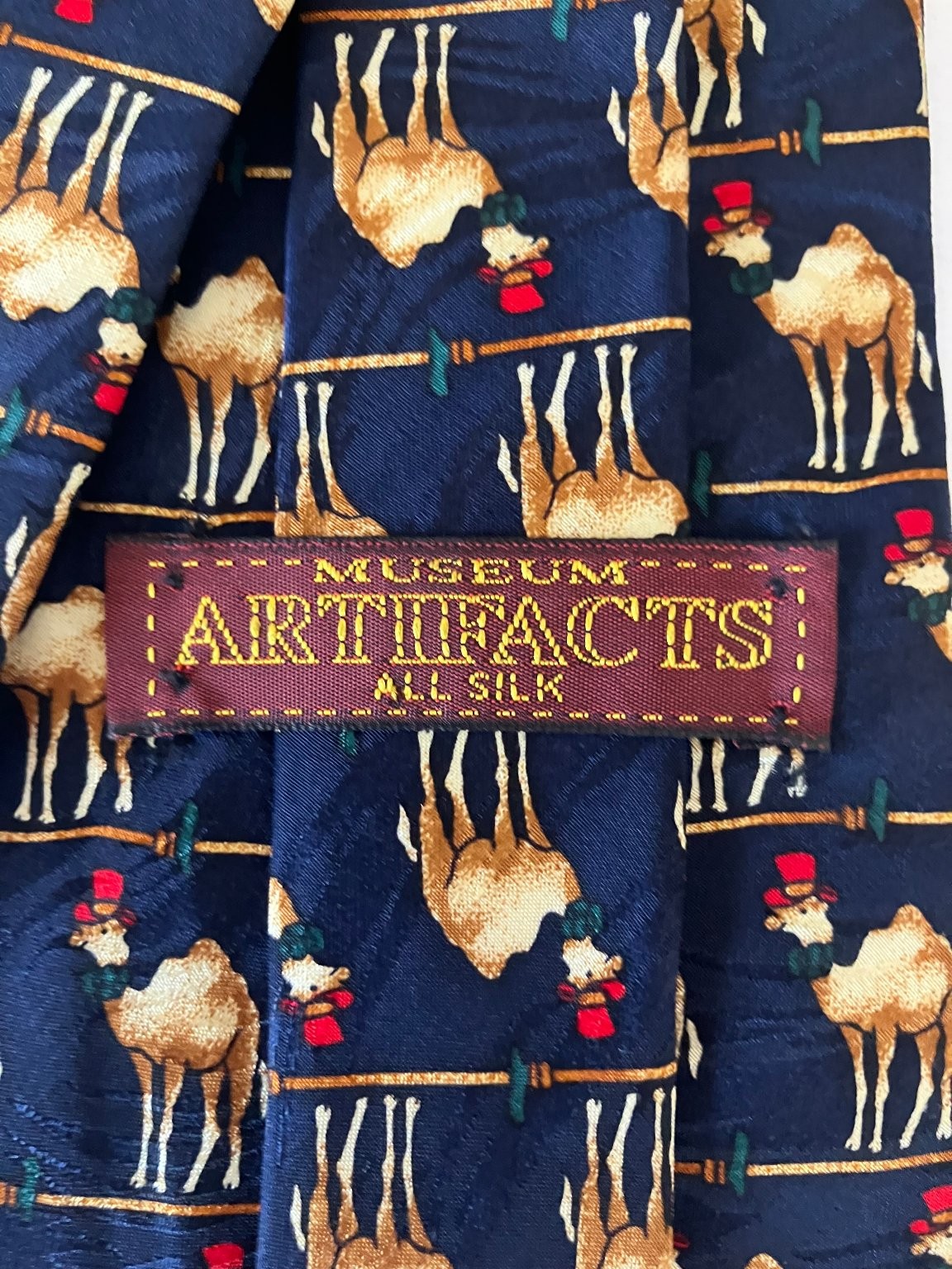 Museum Artifacts Men’s Necktie Tie Multicolor Camel Top Hat Repeat 57″