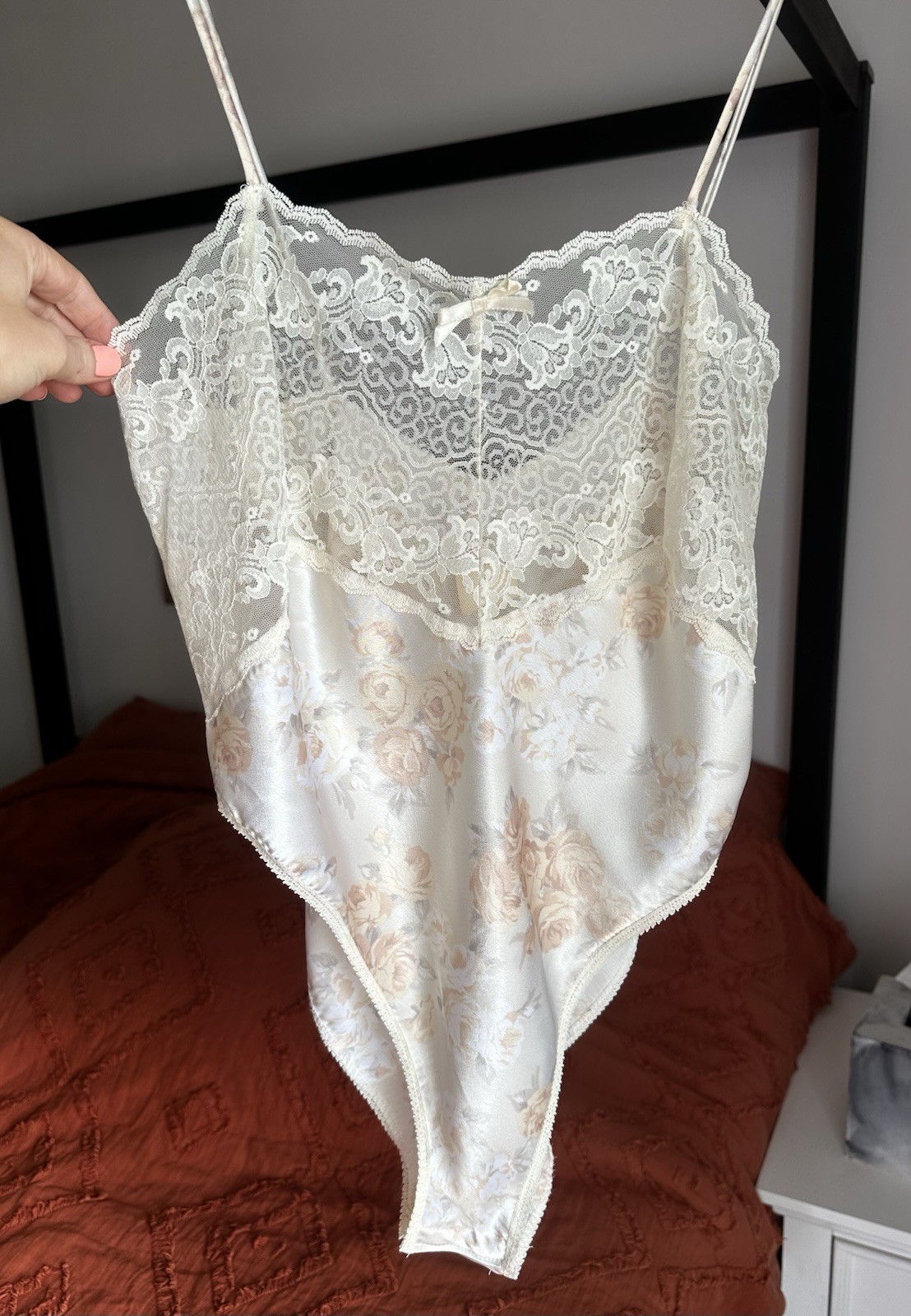 NWT Vintage Silky Satin Floral Lace Bodysuit Size Medium