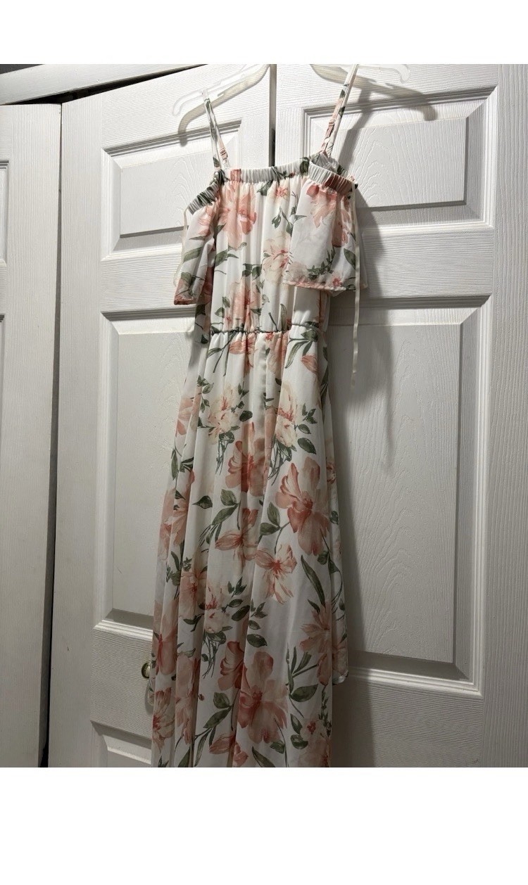 Women’s Off Shoulder Floral Hi-Low Chiffon Sundress, Ruffle Layered, M