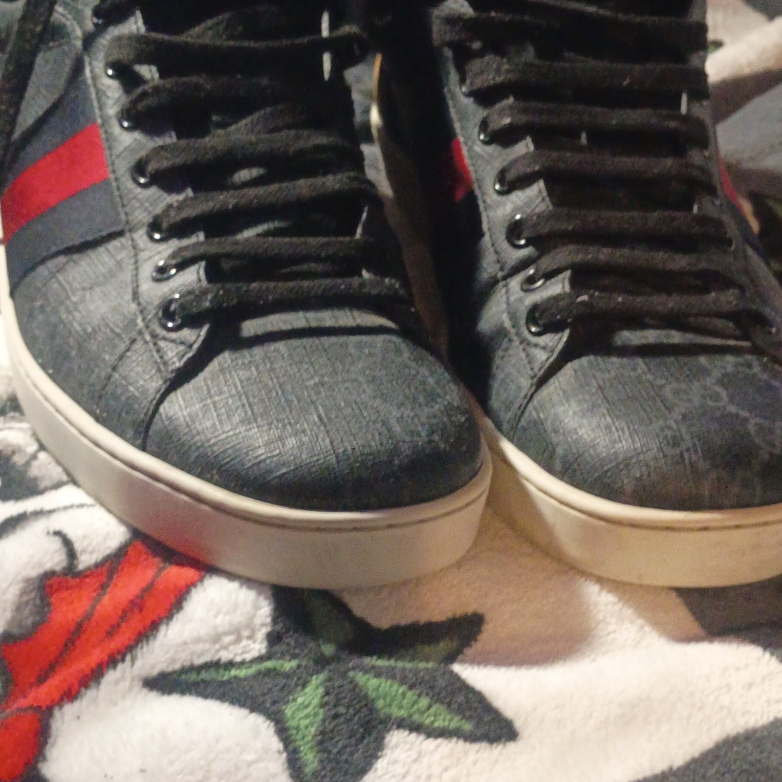 Gucci Signature High Top Sneakers Gray GG Monogram Lace-Up Red/Blue Stripe