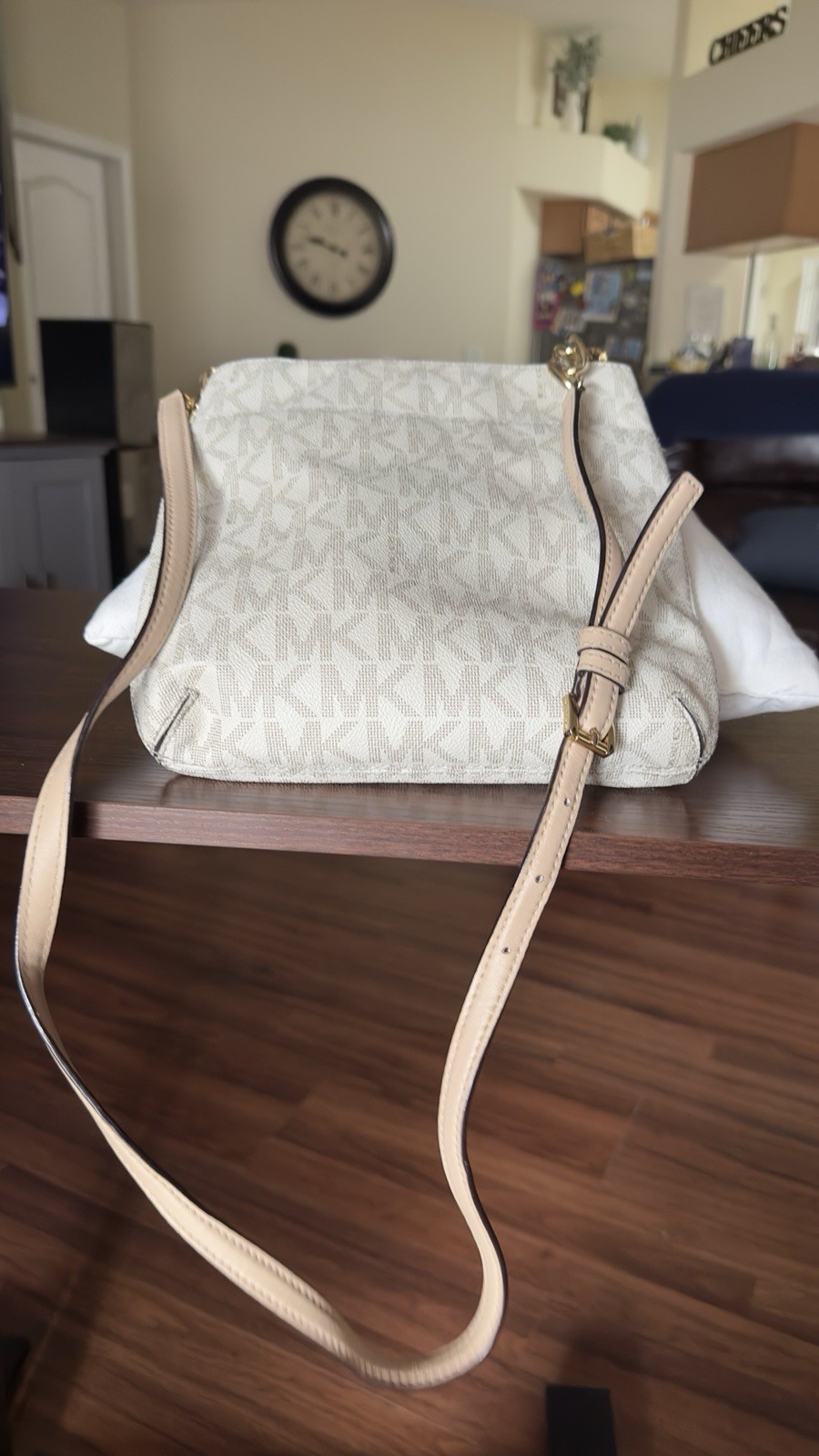Michael Kors Small Beige Logo Crossbody Bag Zip Closure Adjustable Strap Gold
