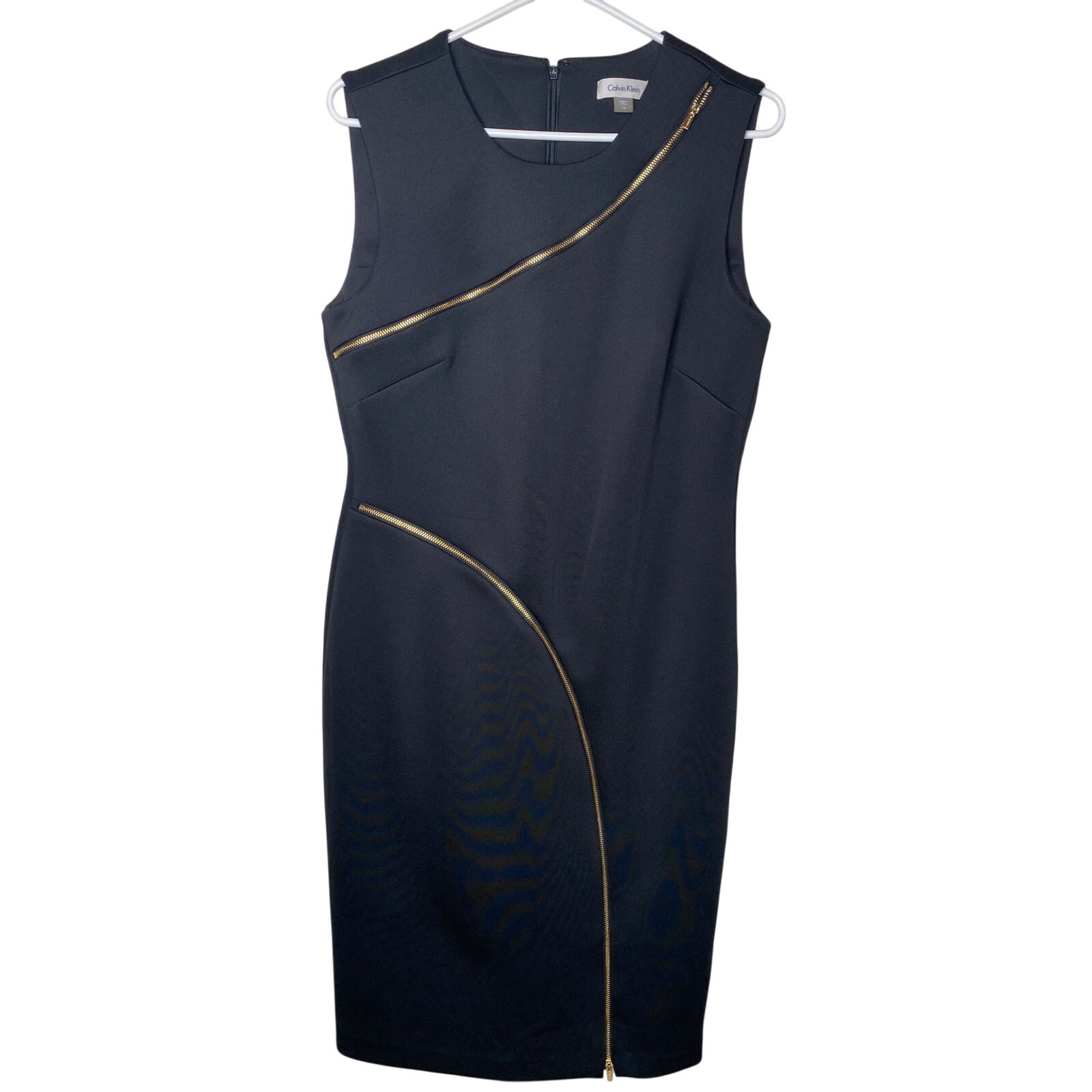 Calvin Klein Black Sheath Dress Size 10 with gold zipper embellishment