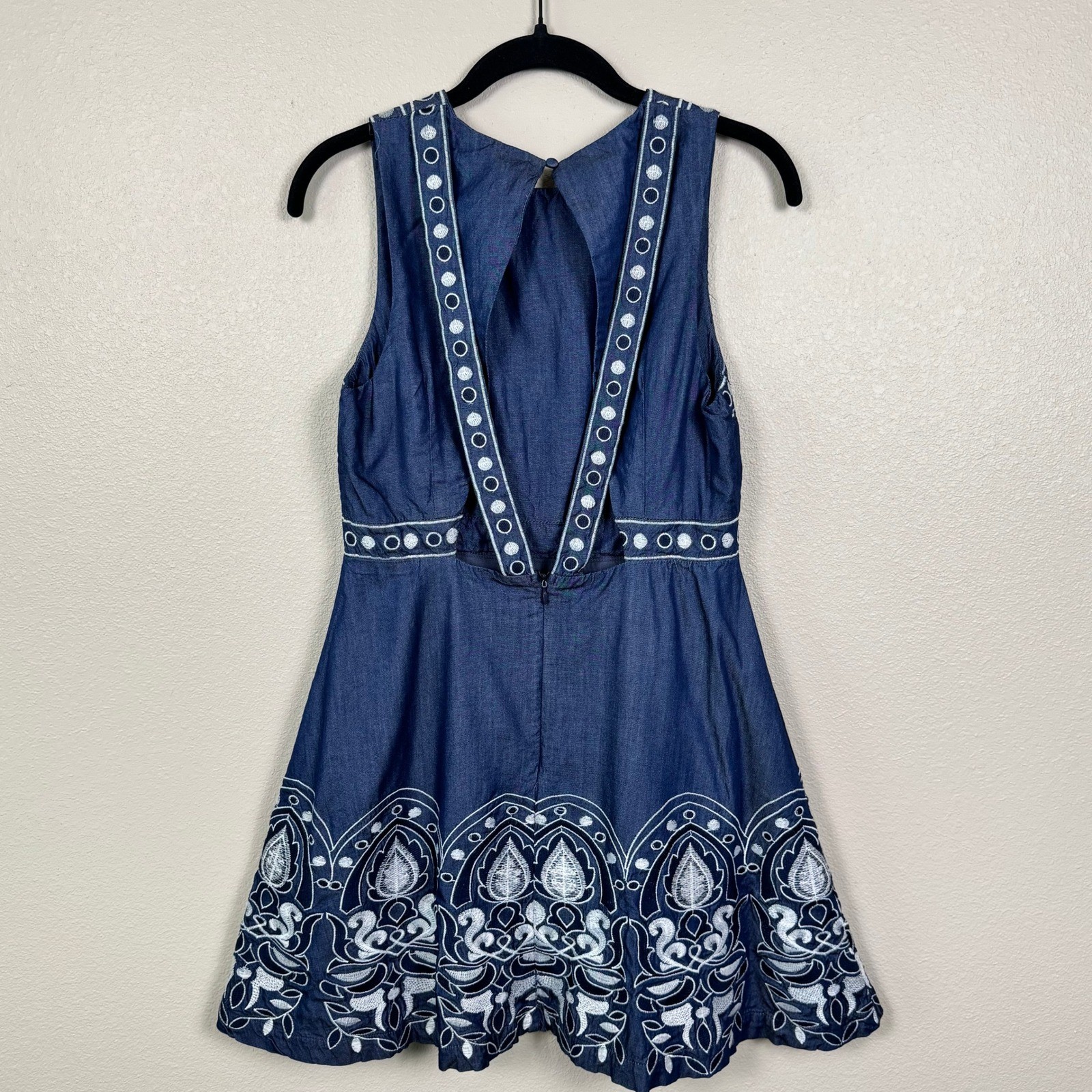 J.O.A Embroidered Denim Dress Open Back Boho Fit Flare Mini S