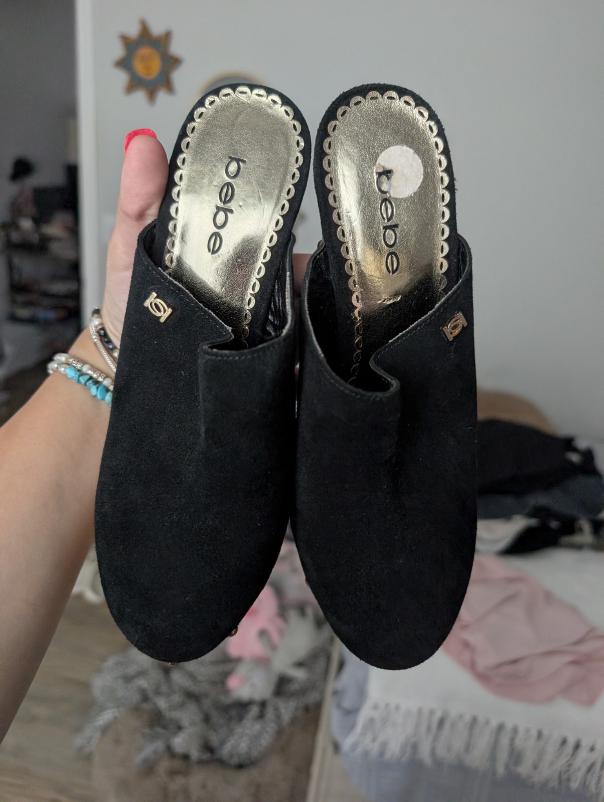 Bebe Studded Platform Heels Size 6 Black Leather Slip-On Closed Toe