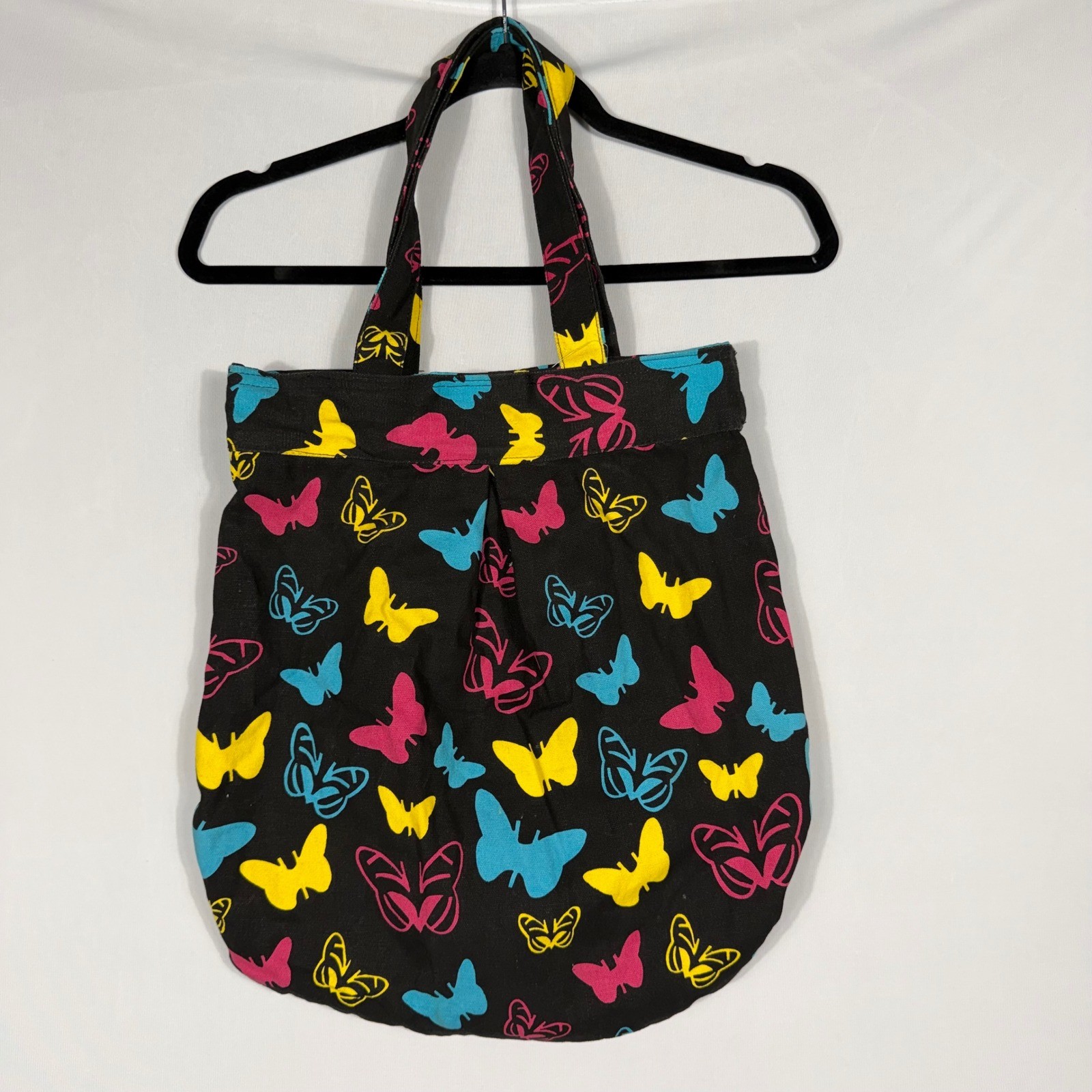 Vtg Y2K Butterfly Print Canvas Tote Bag Black Neon Pink Yellow Blue Shopper NWOT