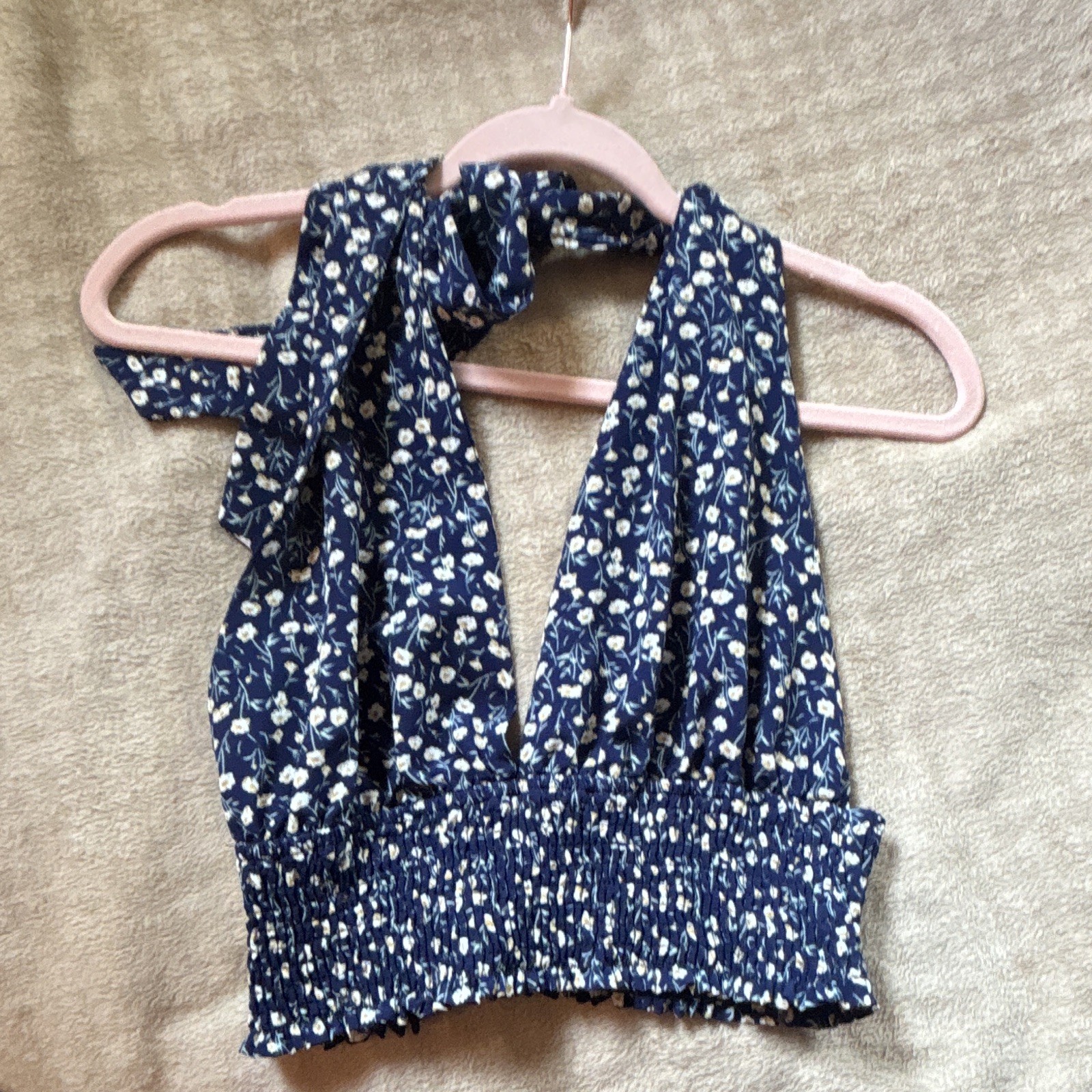 Women’s Blue White Floral Halter Crop Top Smocked Tie Neck Sleeveless L