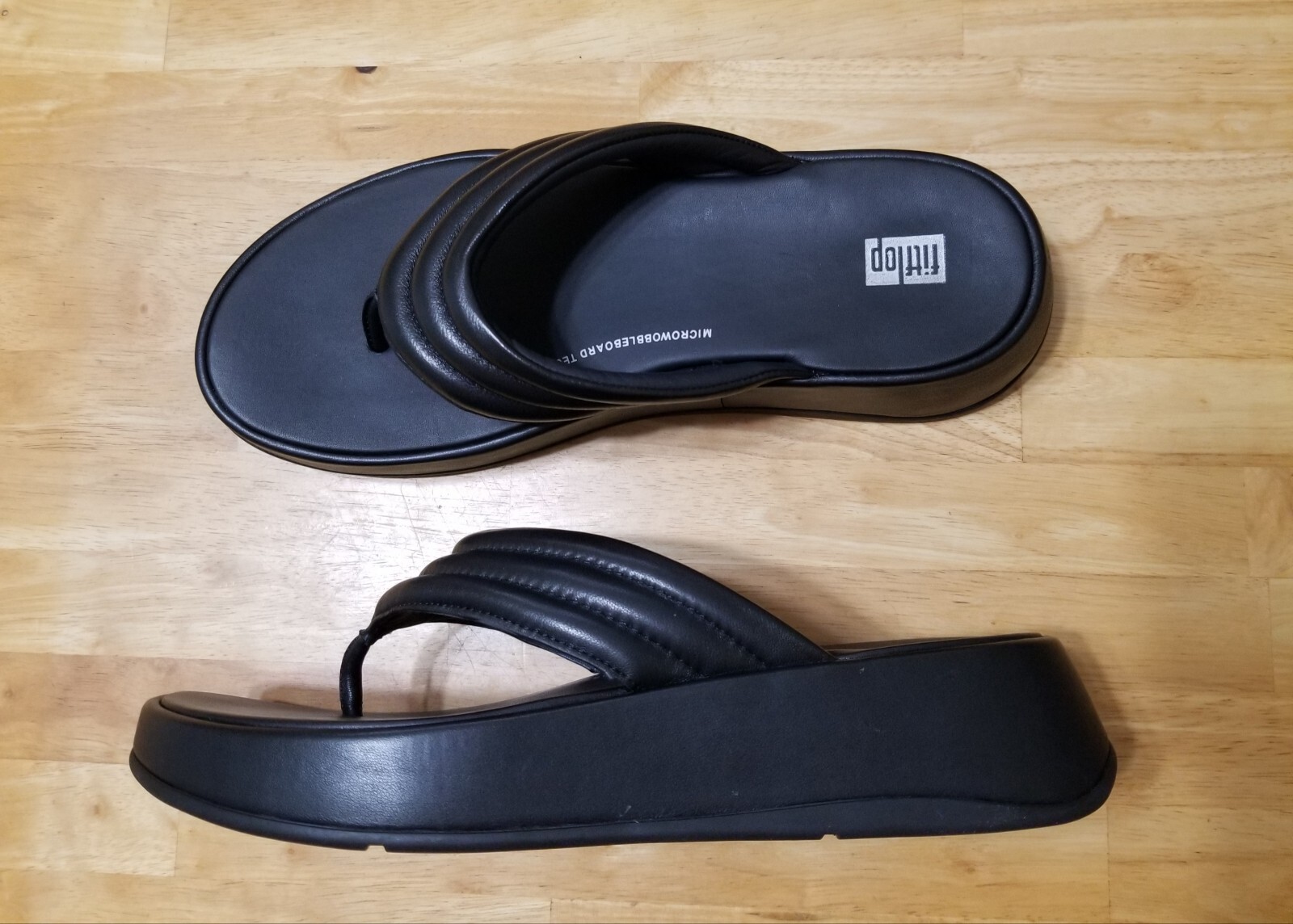 NIB FitFlop F-MODE Padded Leather Flatform Toe-Post sandals black size 10 $180