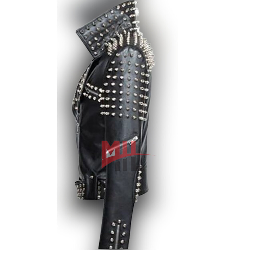 Handmade Women Black Punk Silver Long Spiked Studded Cowhide Leather Jacket