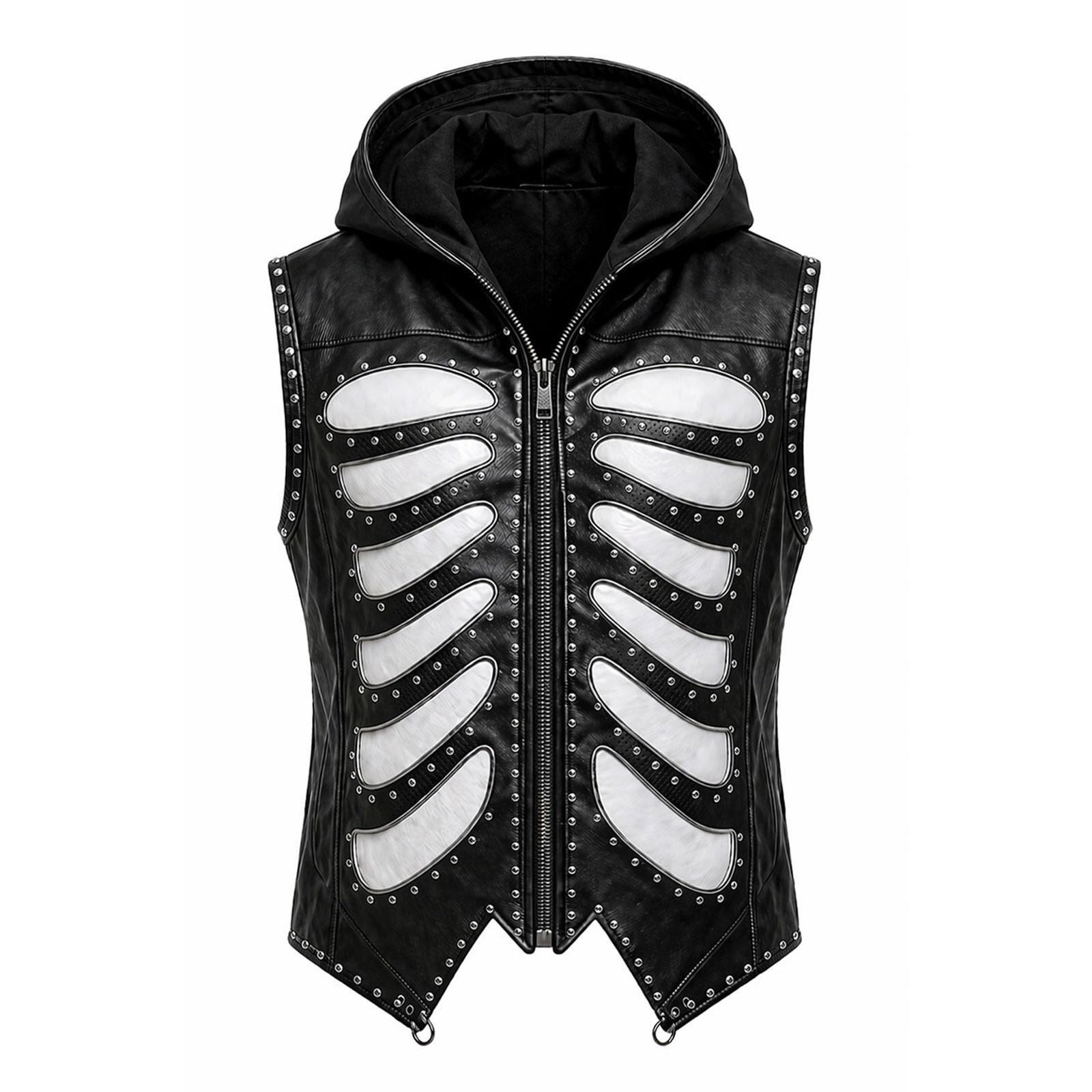 Black Gothic Genuine Leather Vest Hoodie Skeleton Rib Cage Studded Punk Jacket