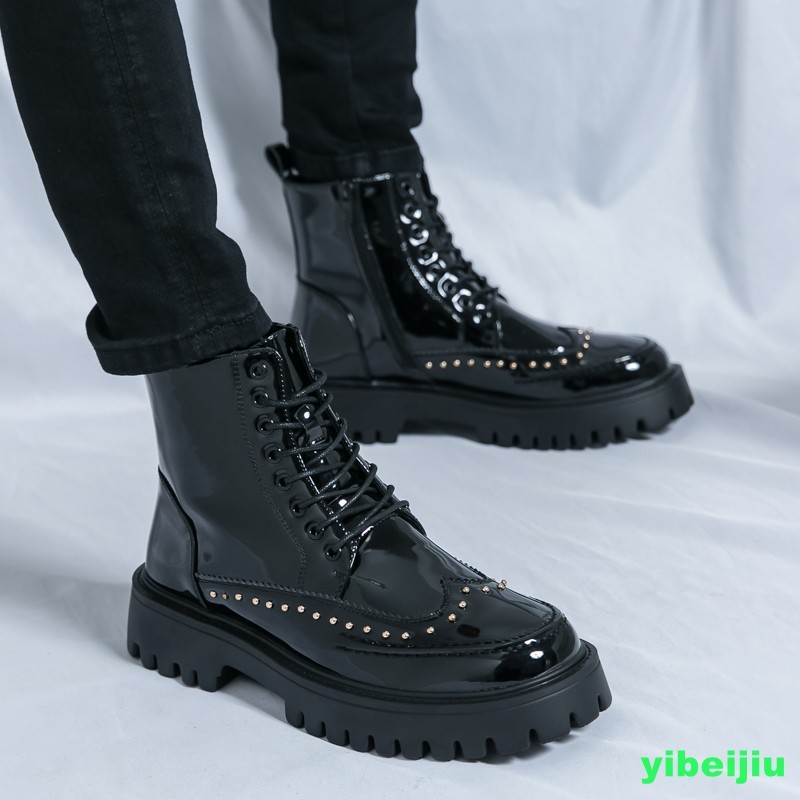 New Men’s High Top Platform Studded Ankle Boots Wing Tip Brogue Colorblock Shoes