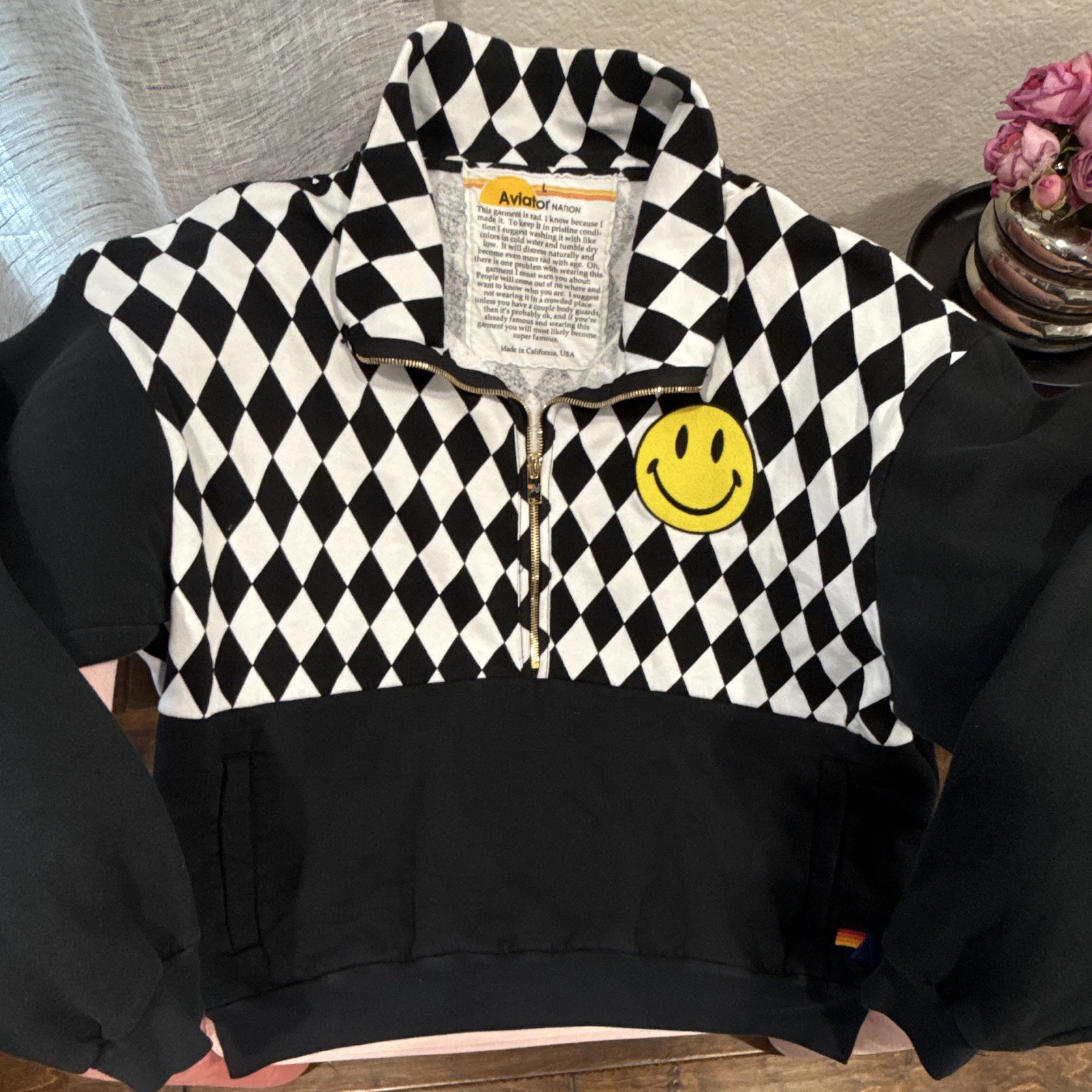 Aviator Nation Unisex L, Smiley Half Zip Hoodie, black/white, w/Pockets