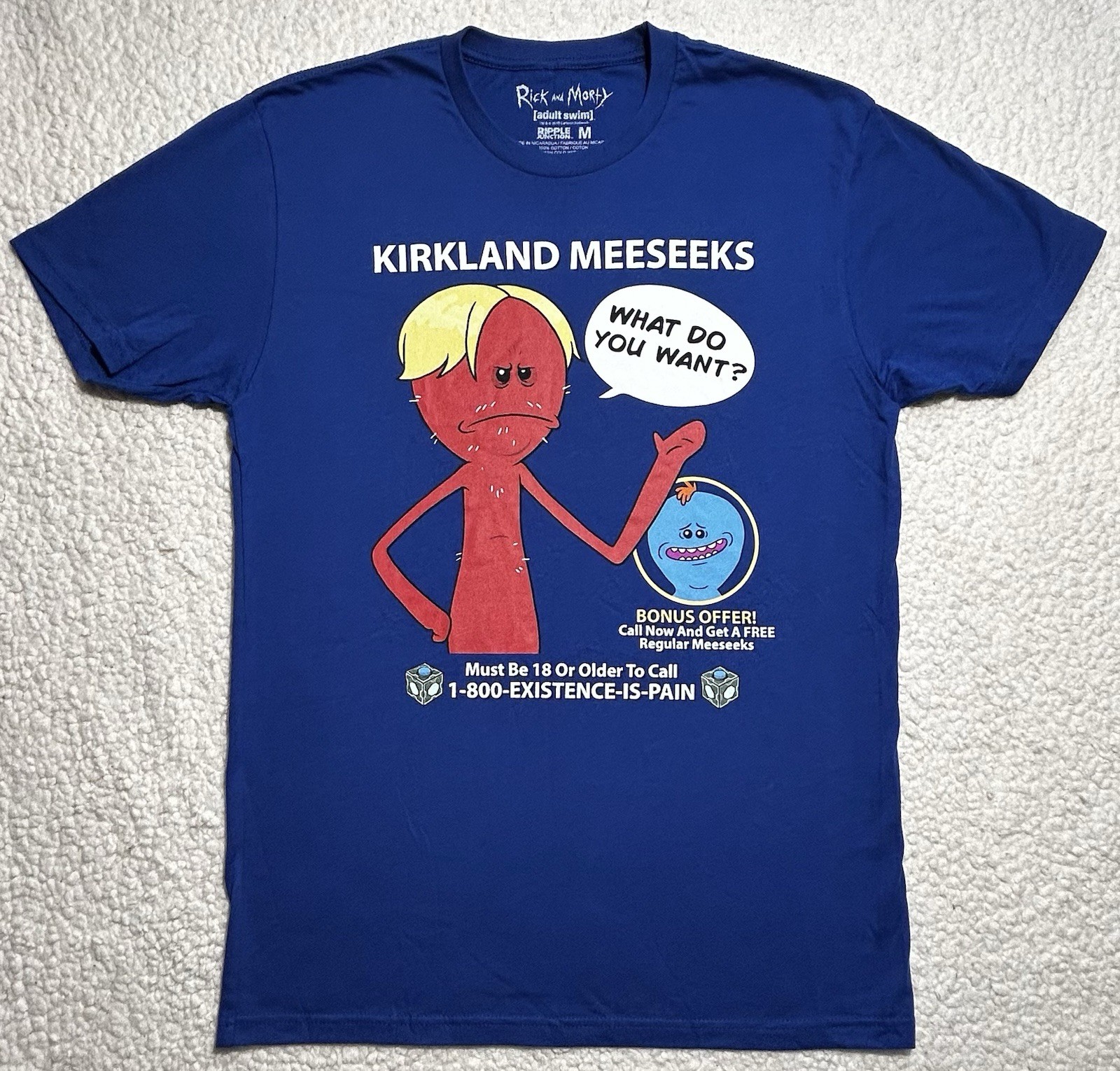Rick and Morty Mens T Shirt Medium Kirkland Meeseeks BoxLunch Royal Blue Tee M