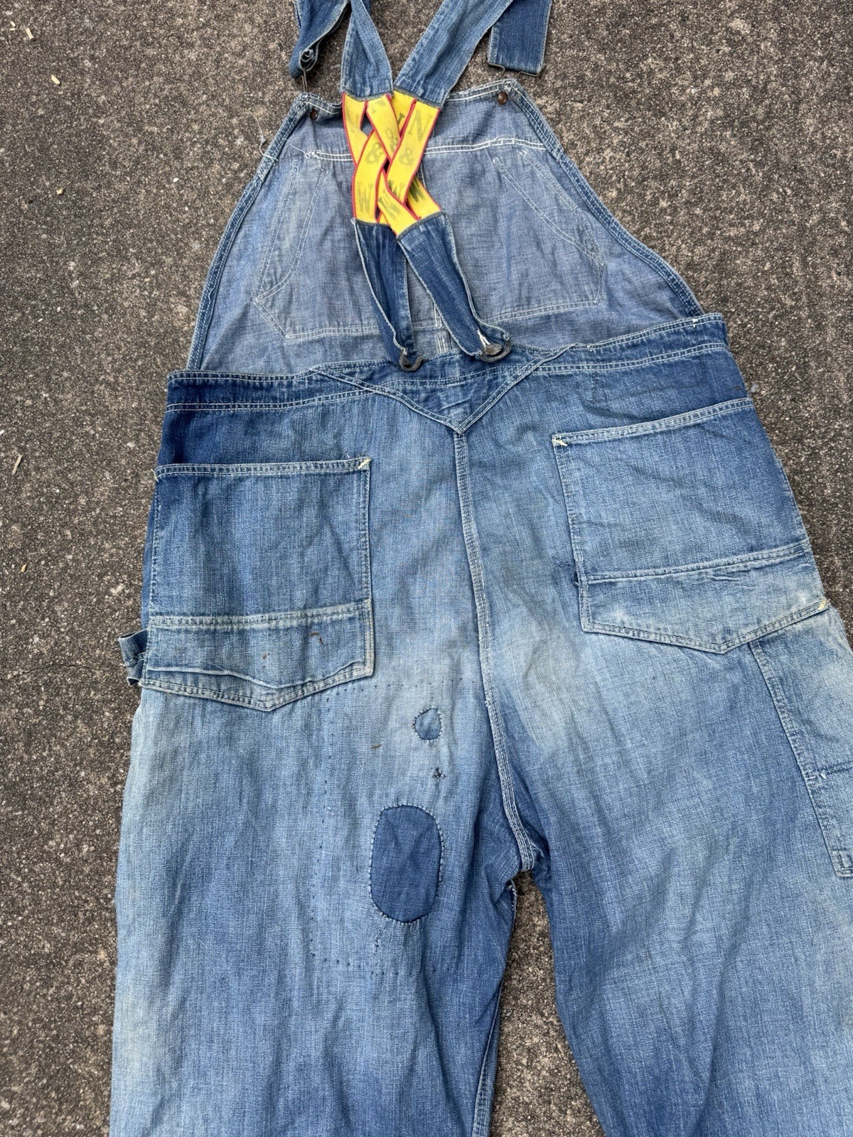 True Vintage 40s N&W Denim Bib Work Overalls Low Half Back Farm Repairs Rare 38