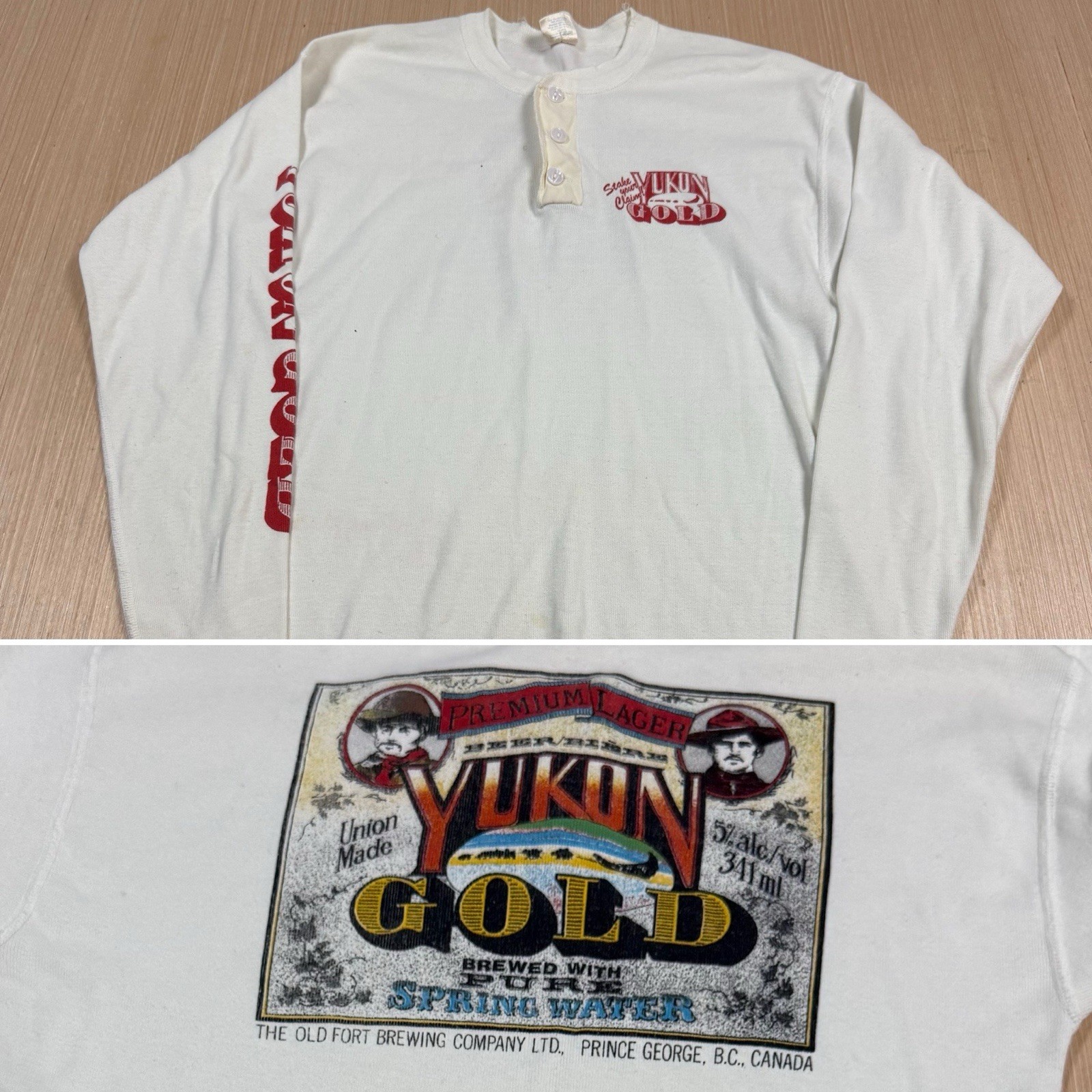 Vintage 80s Beer Henley T Shirt Yukon Gold Canada Western Cowboy XL Brewery