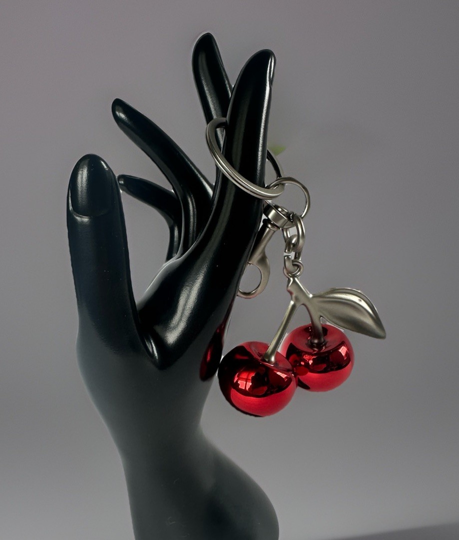 Mirrored Red Double Cherry Bag Charm | SILVER Keychain + Premium Velvet Dust Bag