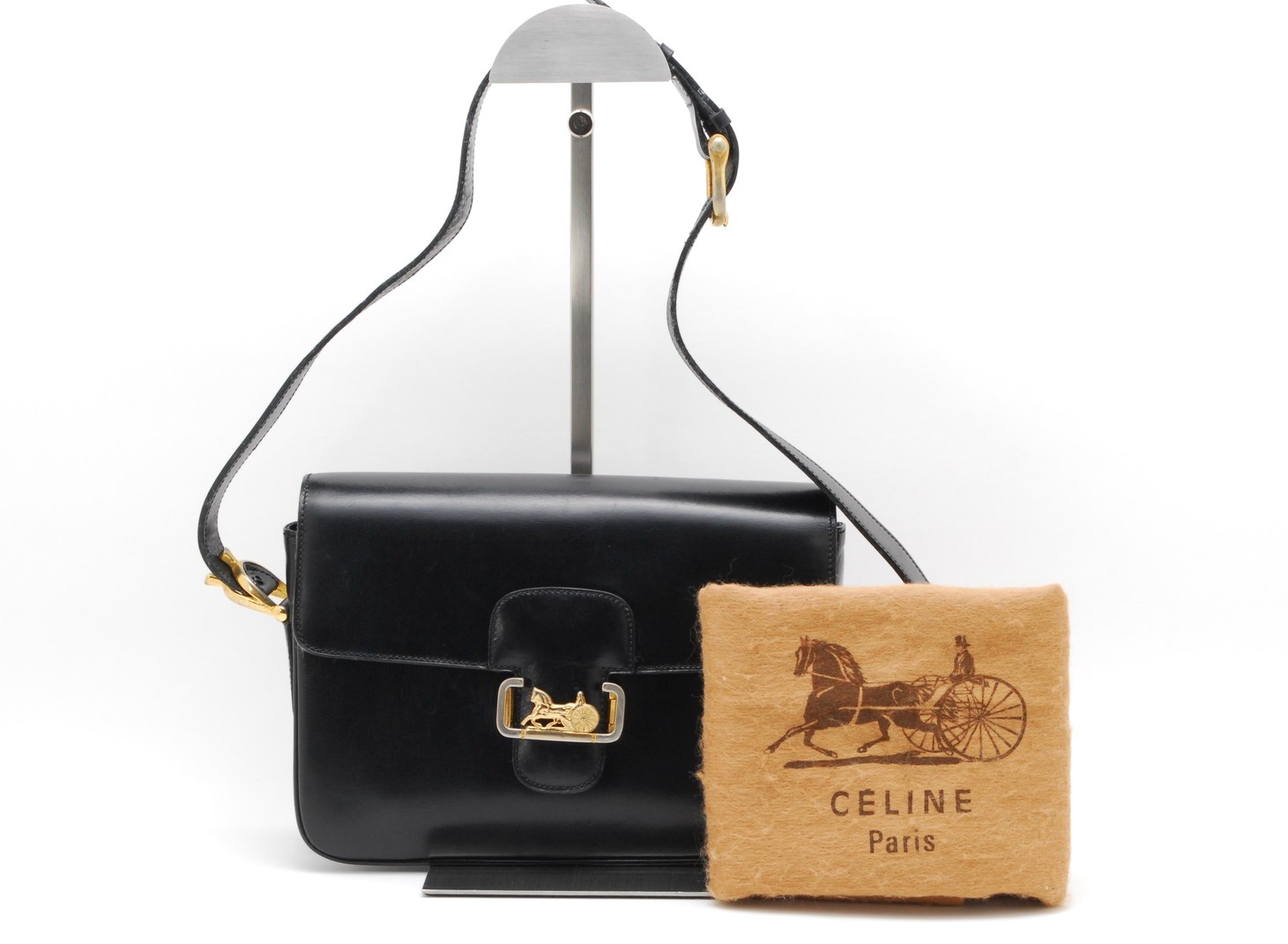 CELINE Shoulder Bag Horse Carriage Leather Black Vintage
