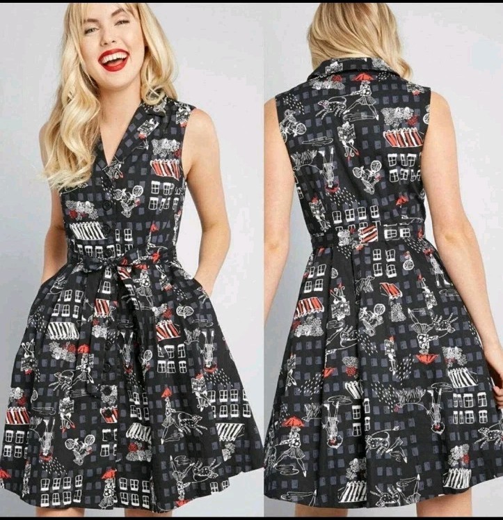 Modcloth Black Pinup Sleeveless Community Brunch Cotton Rockabilly Midi Sz L NWT