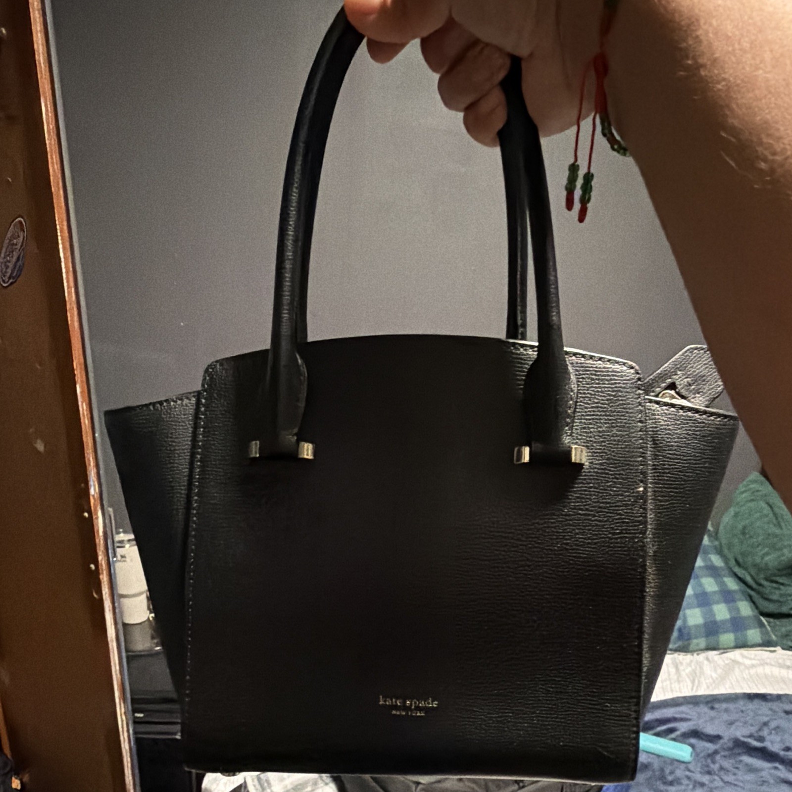 Kate Spade New York Black Pebbled Satchel Top Handle, Gold Hardware, Studs