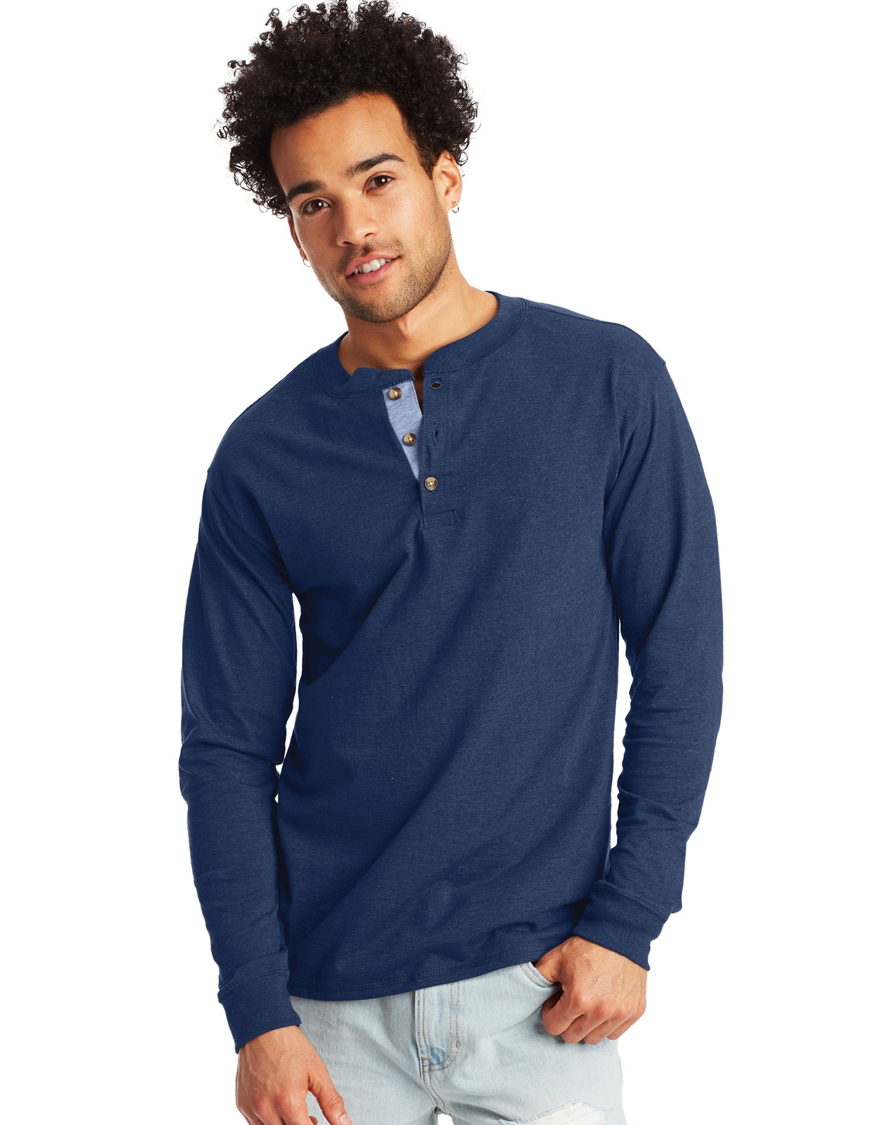 Hanes Men’s Long-Sleeve Henley Shirt Beefy-T pure cotton 3 button S-3XL Tagless