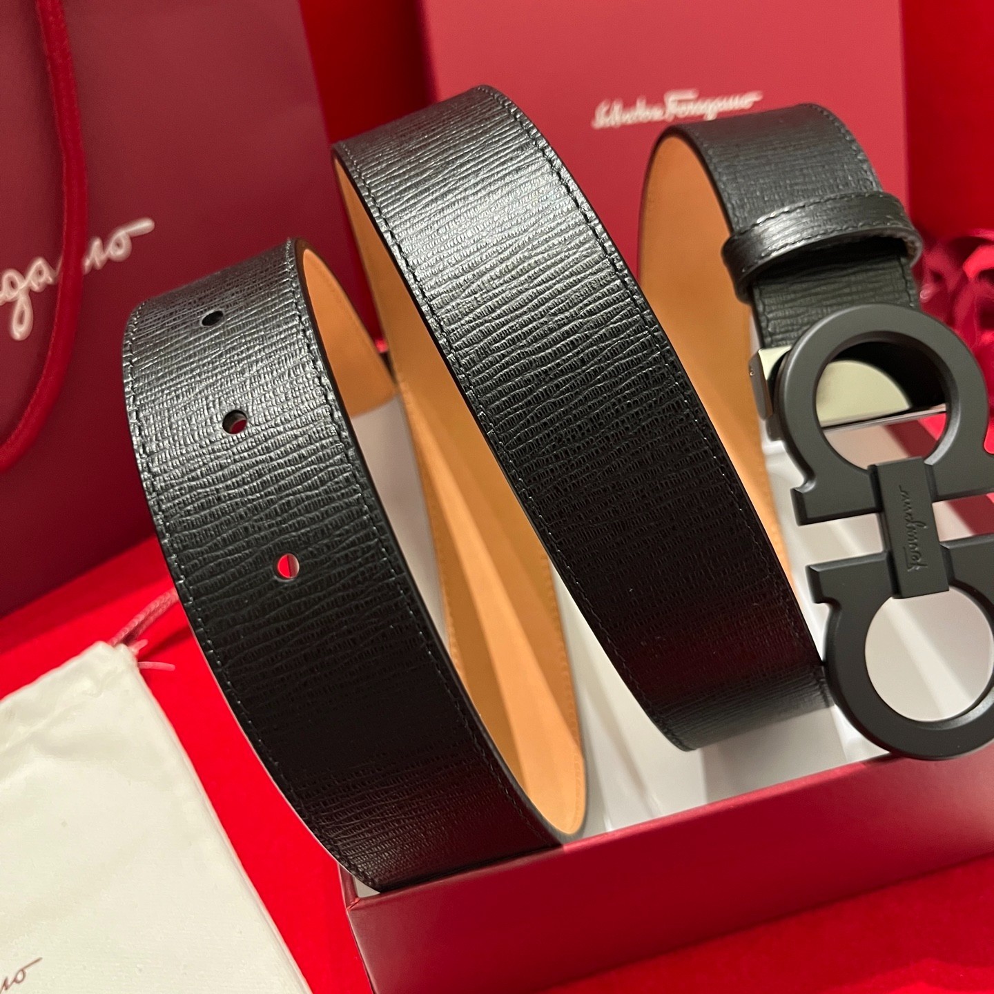 Salvatore Ferragamo Belt Handcrafted Genuine Italian Leather Black Buckle