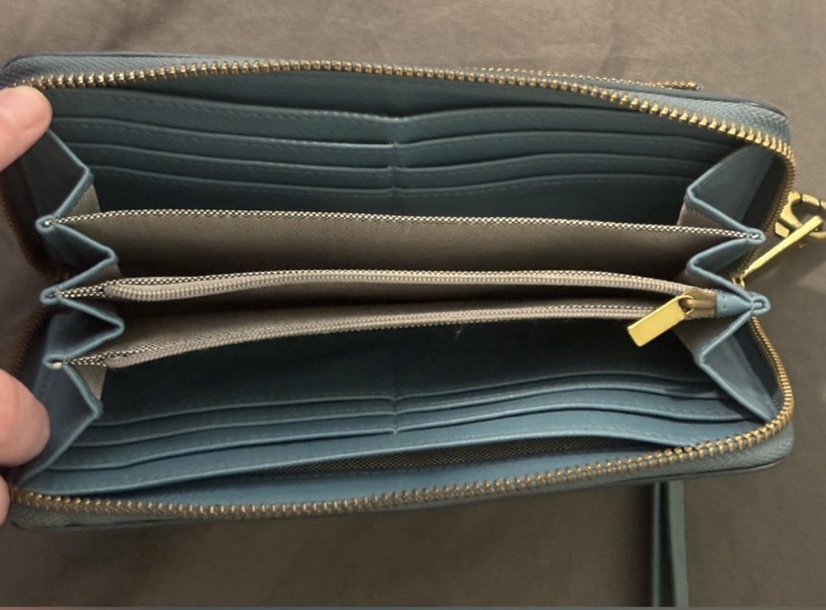 Fossil Blue Solid Zip-Around Wristlet Wallet w/ Wrist Strap, Credit Card