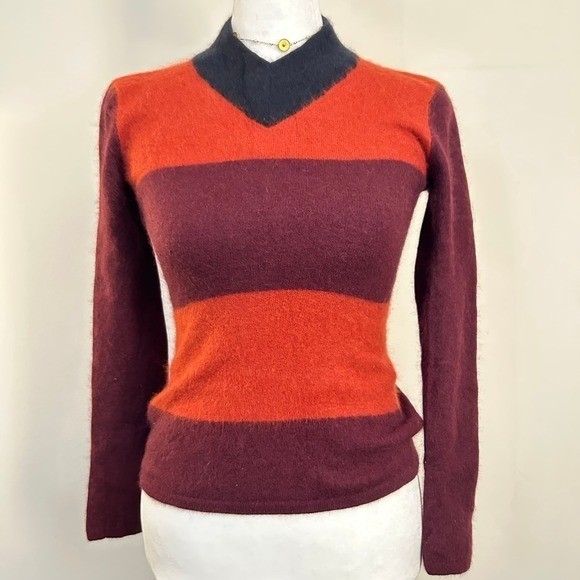 INC International Concepts Angora Blend Striped Fuzzy Sweater Orange Burgundy S