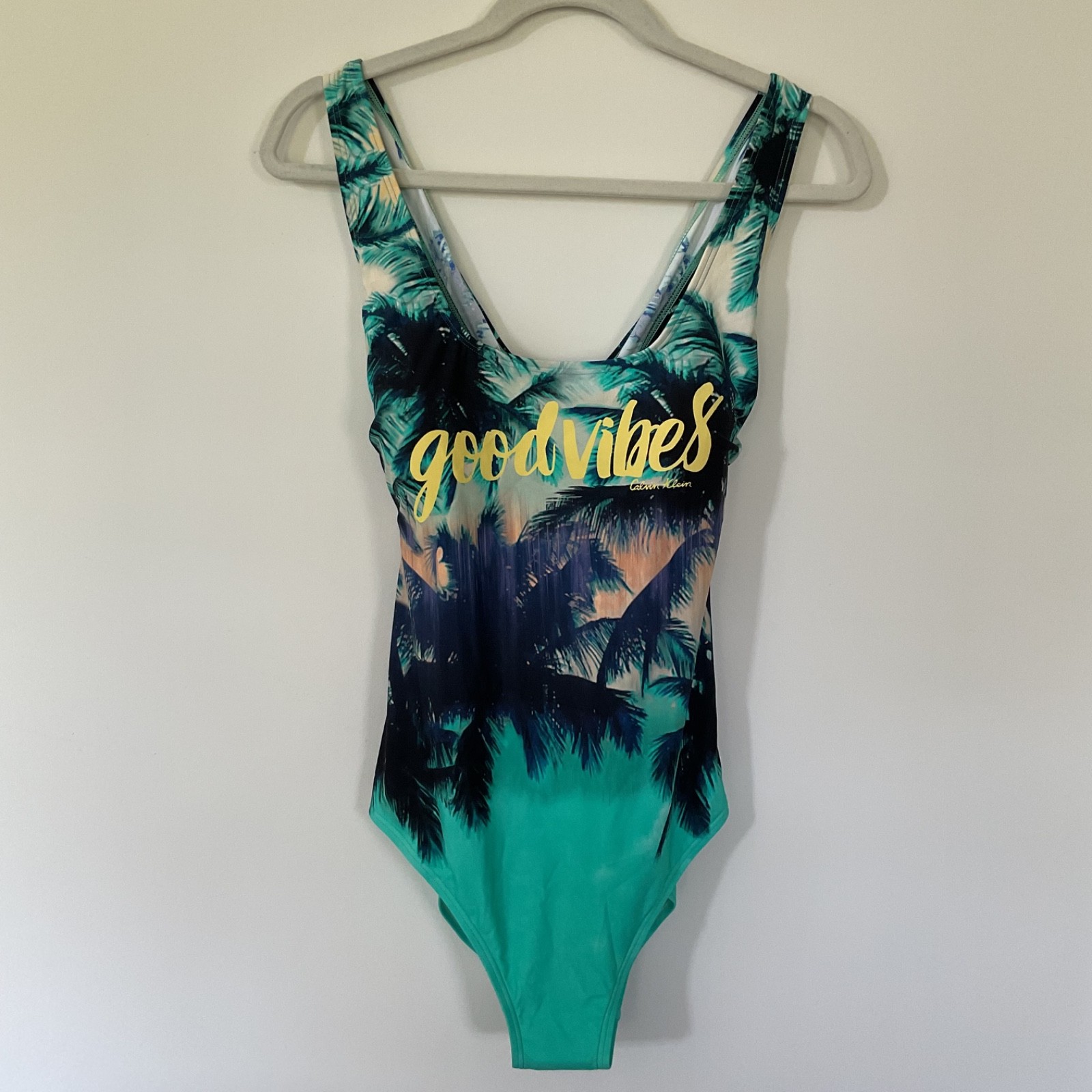 Calvin Klein Good Vibes Palm Tree One Piece Swimsuit XL Tropical Teal Green Navy