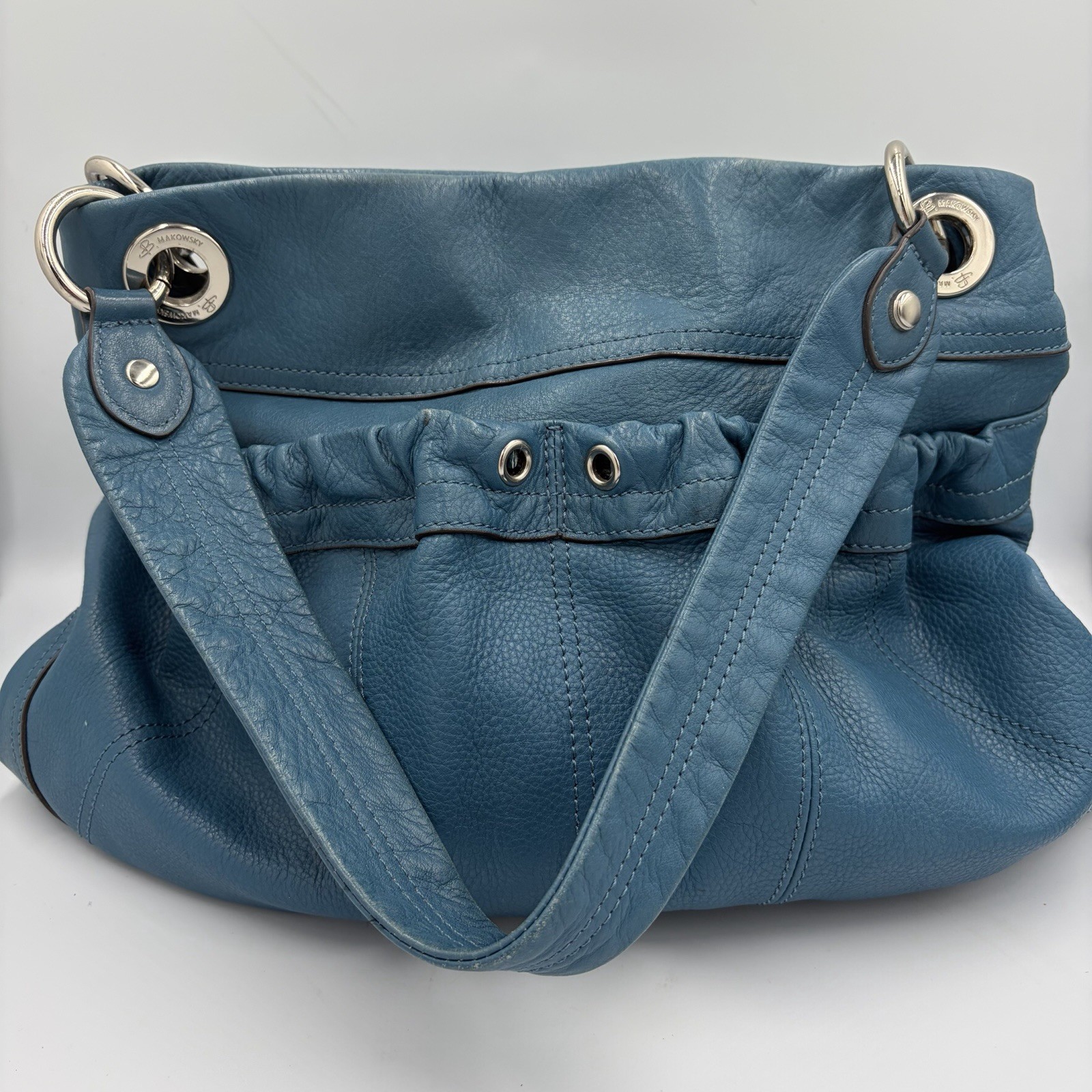 B Makowsky Teal Blue Pebbled Leather Hobo Shoulder Bag Large Silver Hardware