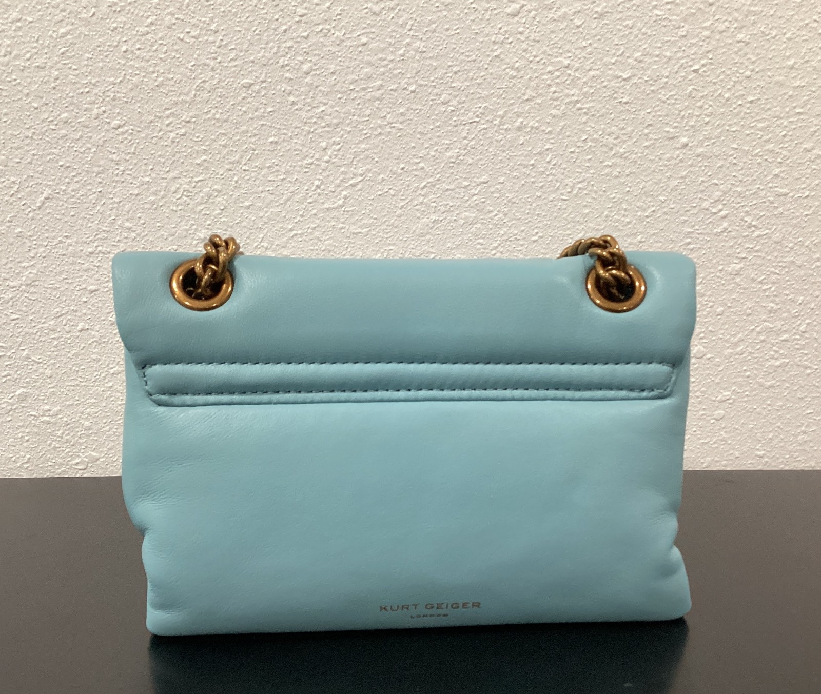 Kurt Geiger Mini Kew 7.75″ x 5″ x 2.5″ Soft Leather Mid Blue Antique Brass New