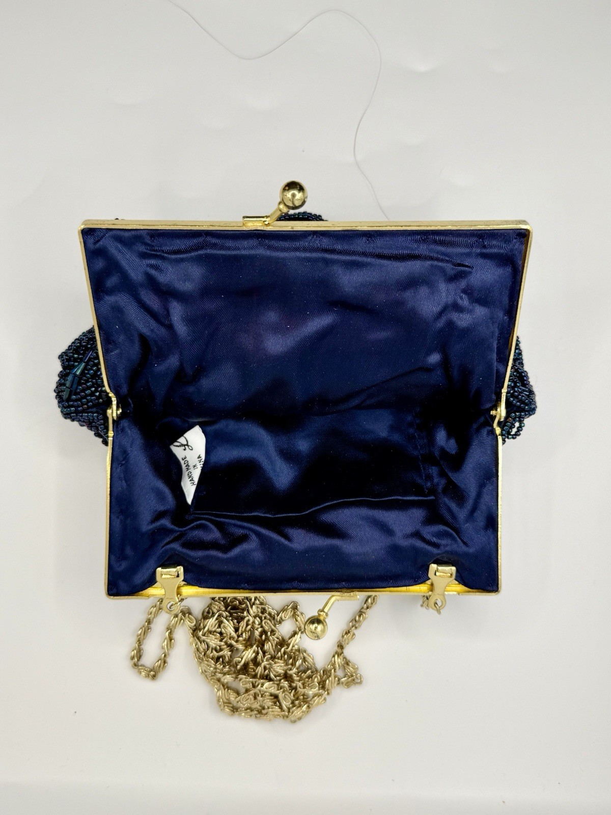 Le Regale Navy Blue Vintage Beaded Clutch Kiss Lock Gold Chain Strap