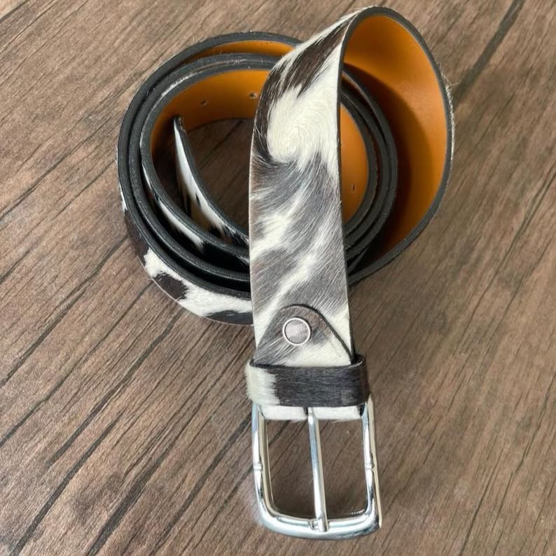 Western Cowhide Leather Belt Brown White Handmade Genuine Fur Buckle