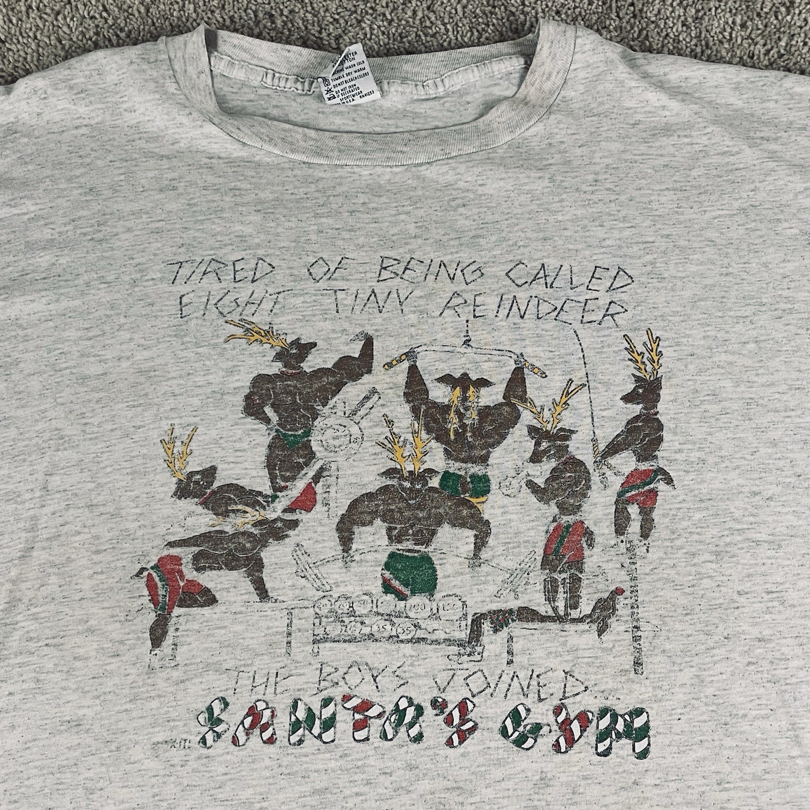 Vintage Weightlifting Shirt Mens 3XL Single Stitch Santas Gym Reindeer 90s E108
