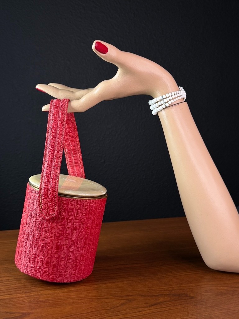 Vintage 1950s red round box purse, vinyl mirror Lin-Bren handbag cylinder small